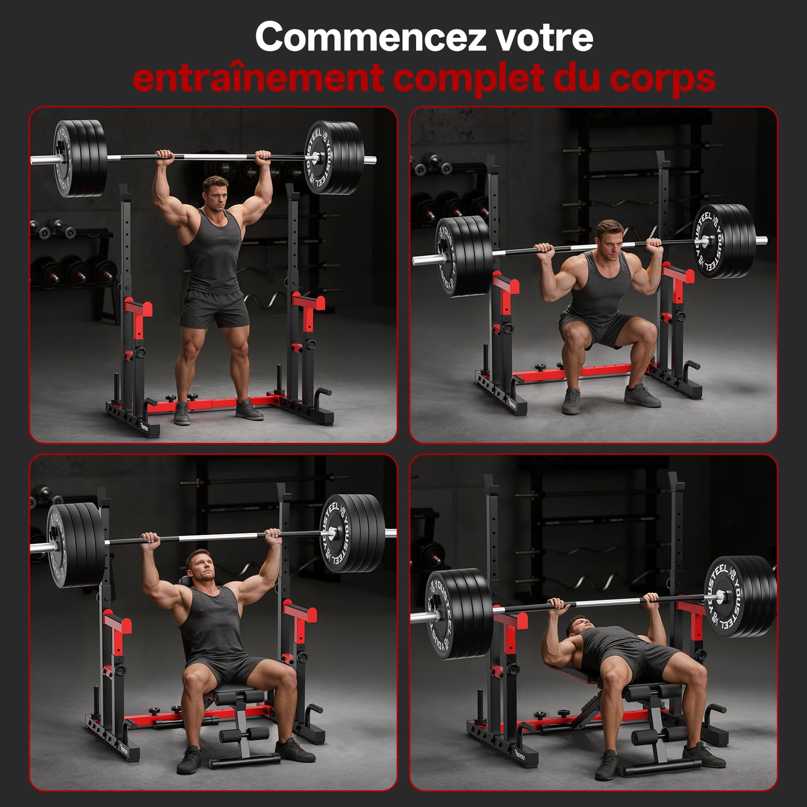PASYOU Cages de squat,Multi-Fonction Supports de Squat Réglable, Squat Rack Musculation Avec Push up,Fitness Multifonction, Robuste, Noir&Rouge | Support de squat robuste réglable en hauteur, convient pour les squats, développé couché, musculation, 544,3