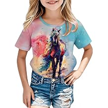 Cowgirl Horse T-Shirts for Girls - Kids Cute Tie Dye Western Rodeo Teen Tee | Short and Long Sleeve, Country Concert Birthday Girl Shirt, Cowboy Clothes, White Graphic Holiday Tops, Pink Blue Farm Outfit
