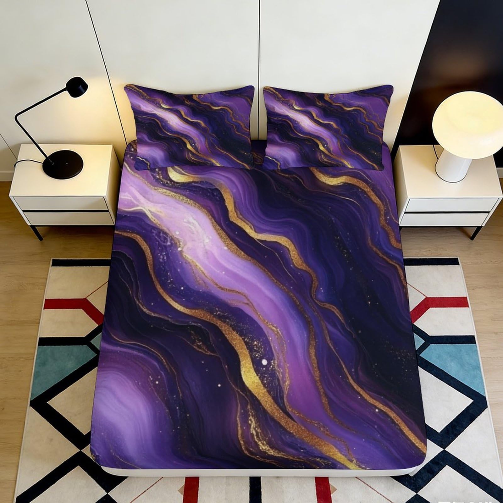 3D Printed Purple Marble Fitted Sheet Microfiber Soft Bed Sheet with Gold Vein Art for Bedroom Dorm Mattress Cover 160x200x25cm