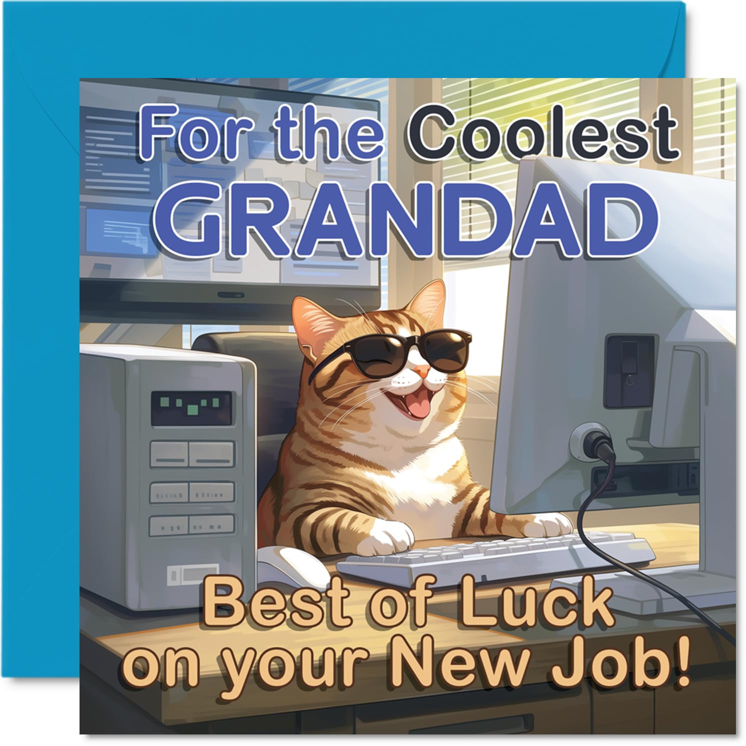 Supportive New Job Card for Grandad - Wishing You the Best of Luck - Cool Cat in Sunglasses at a Computer - Fun Way to Say Congrats in Style - 145mm Square, Envelope Included