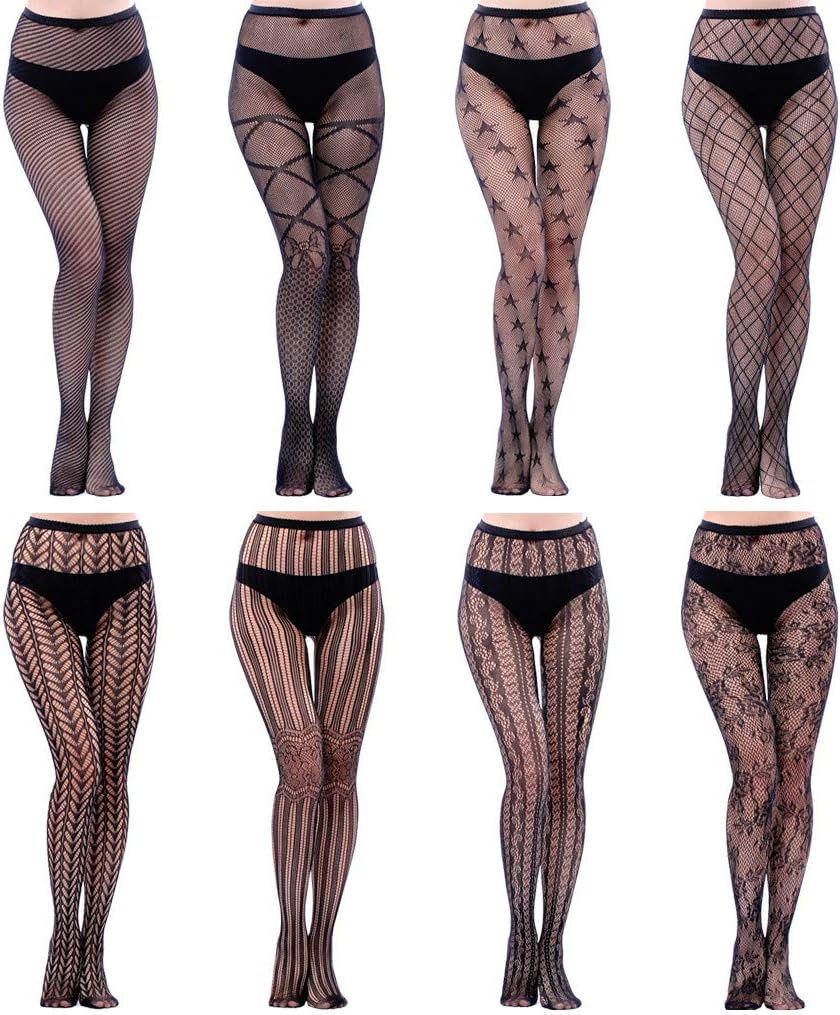 HOVEOX 8 Pairs Lace Fishnet Floral Stockings - Black - One Size - Female Adult Women, All Ages
