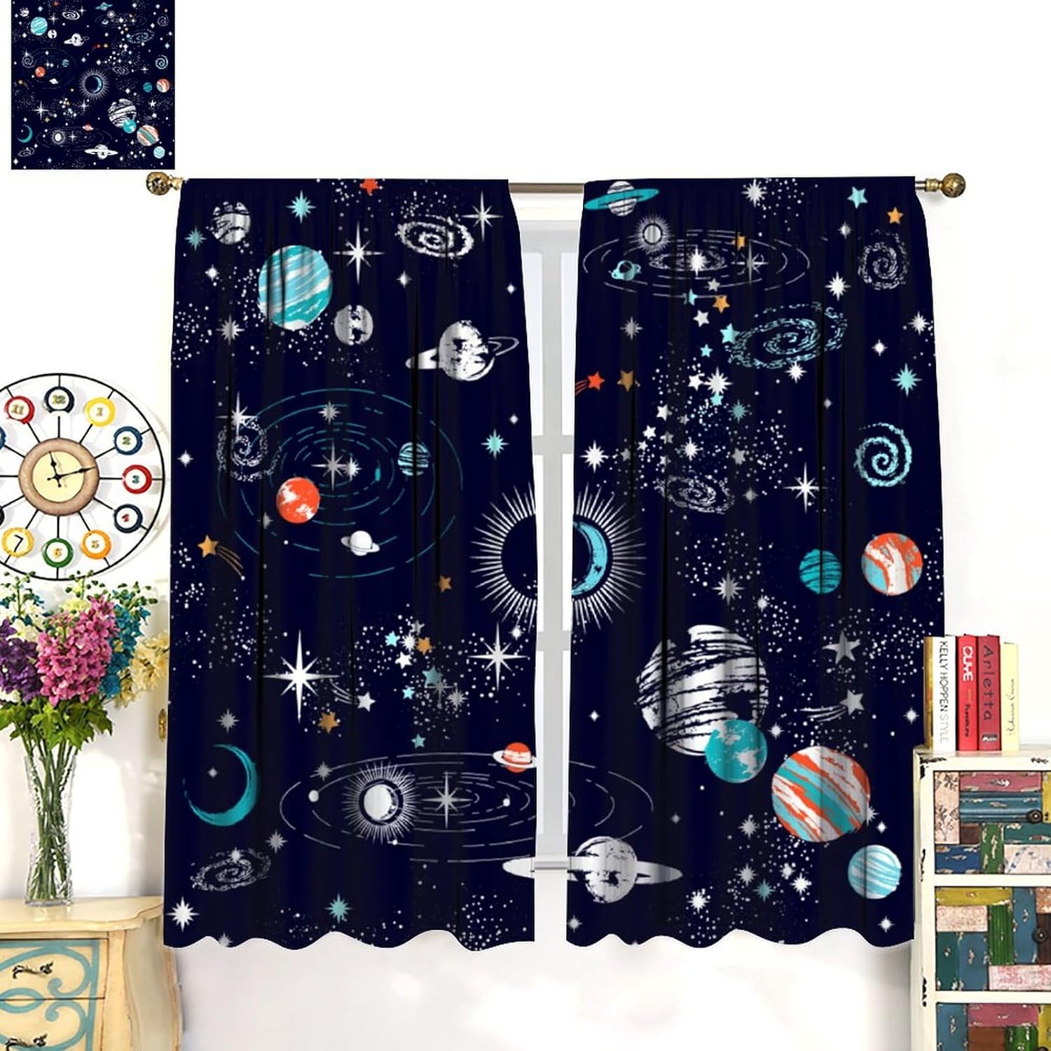 Outer Space Galaxy Blackout Curtains, Boys Kids Cartoon Universe Planets Thermal Insulated Printed Rod Pocket Window Drapes for Living Room Bedroom Decor 42" W X 54" L
