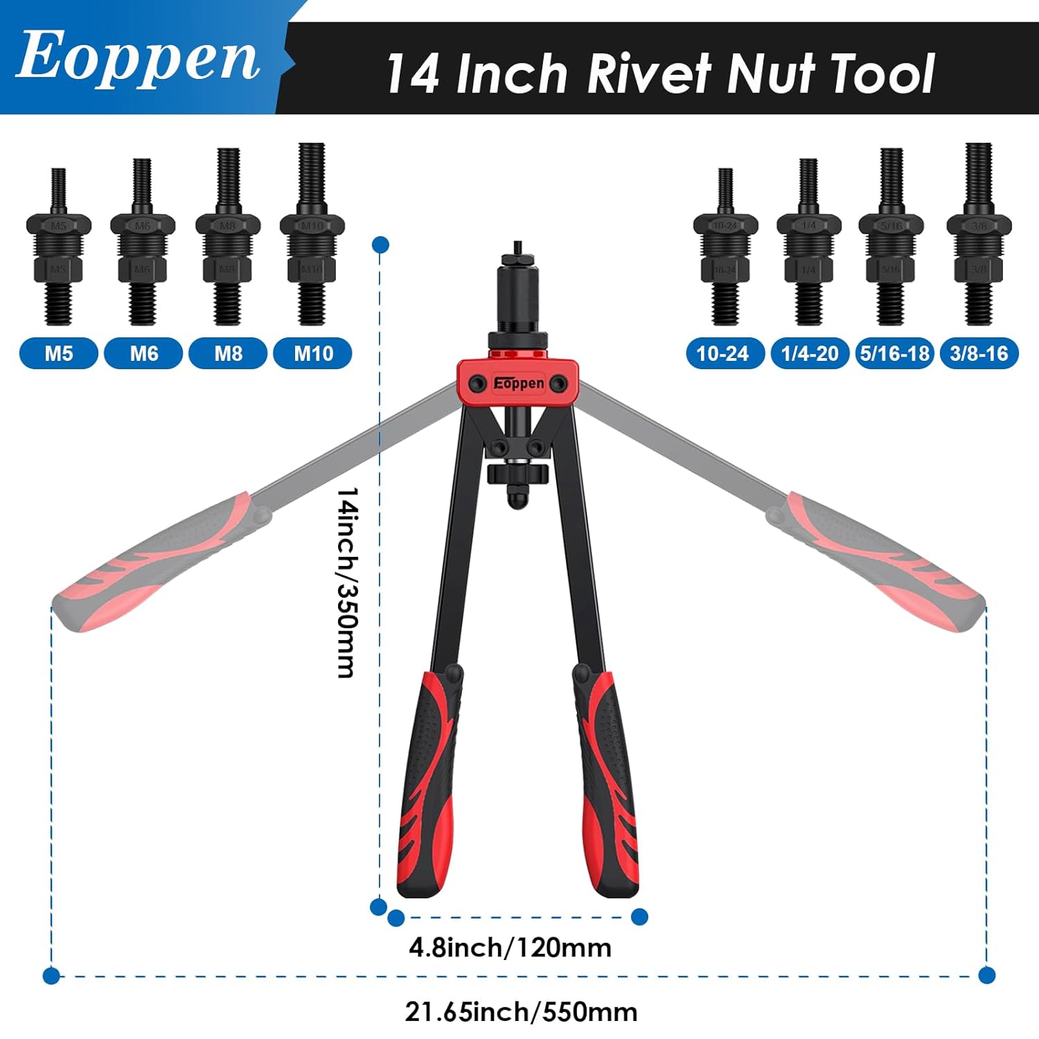 Rivet Nut Tool Kit, 14 Inch Rivnut Tool Kit with 8 Metric and SAE Mandrels (M5, M6, M8, M10, 1/4-20, 5/16-18, 3/8-16) and 500Pcs Rivet Nuts with a Step Drill Bit and Rugged Carrying Case