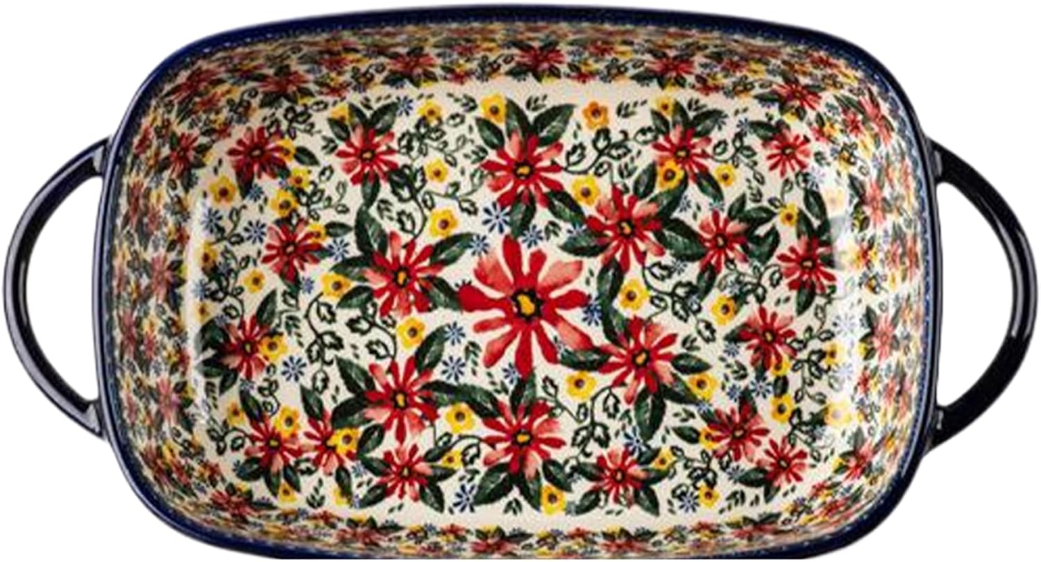 Baking Dish, 1900ml Heat-resistant Ceramic Oven Dish with Dual Handles, Daisy Print Rectangle Lasagne, Non Slip Washable Casserole Dishes for Oven Kitchen