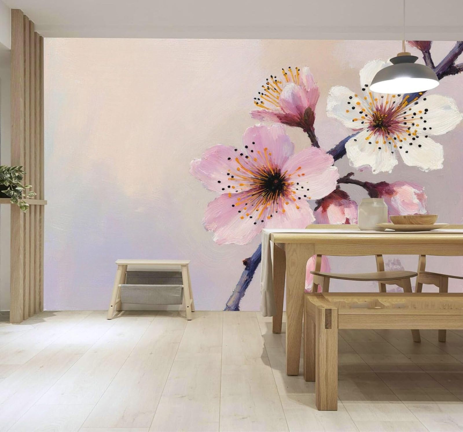 XLMING Minimalist Hand Drawn Pink and White Cherry Blossoms Soft Pastel Background 3D Wallpaper Premium Textured Silk Study Dining Living Room Bedroom Sofa TV Wall Easy Install-400cm×280cm