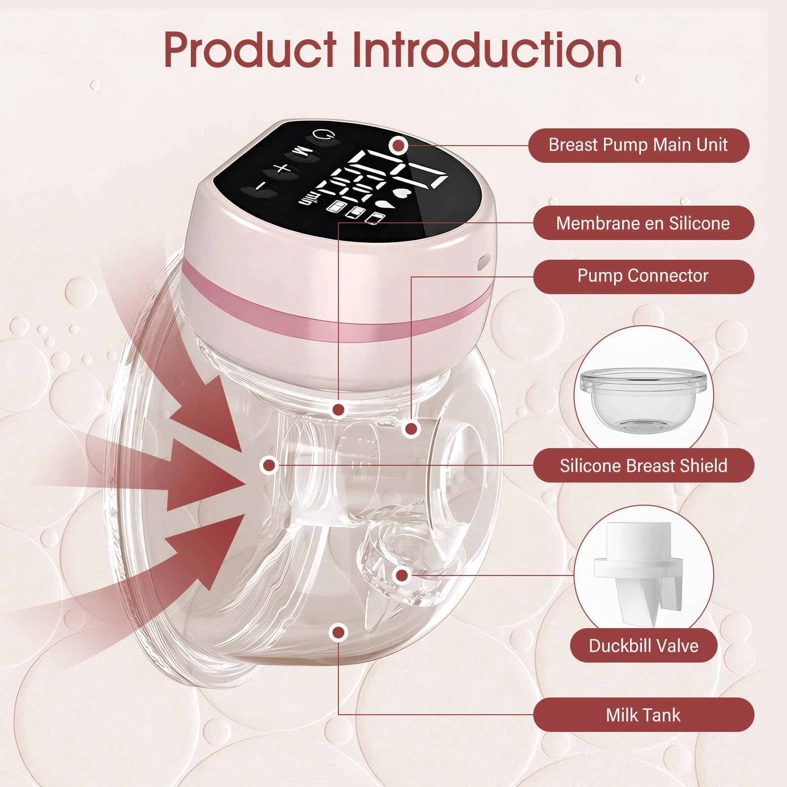 Tiralatte Elettrico a Mani Libere, Tiralatte Indossabile Portatile con 3 Modalità, 9 Livelli e Display LED Intelligente, BPA Free, Forte Potenza di Aspirazione, 1 Pezzo, Rosa