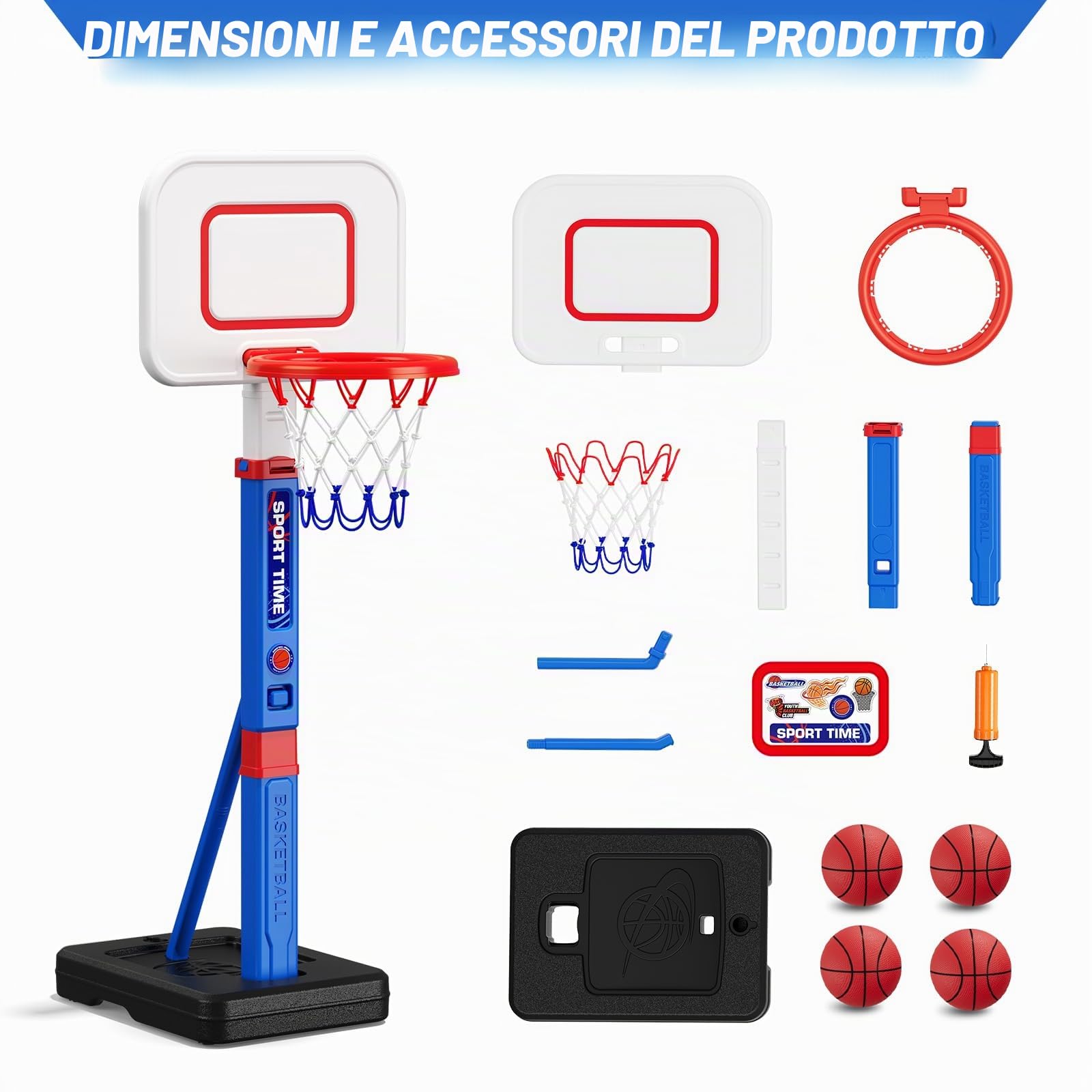 HYES Cestino da basket per bambini 3-5, regolabile in altezza, mini cestino da basket per interni ed esterni, con 4 palline, giocattolo da basket, regalo per ragazzi e ragazze (114-139 cm)