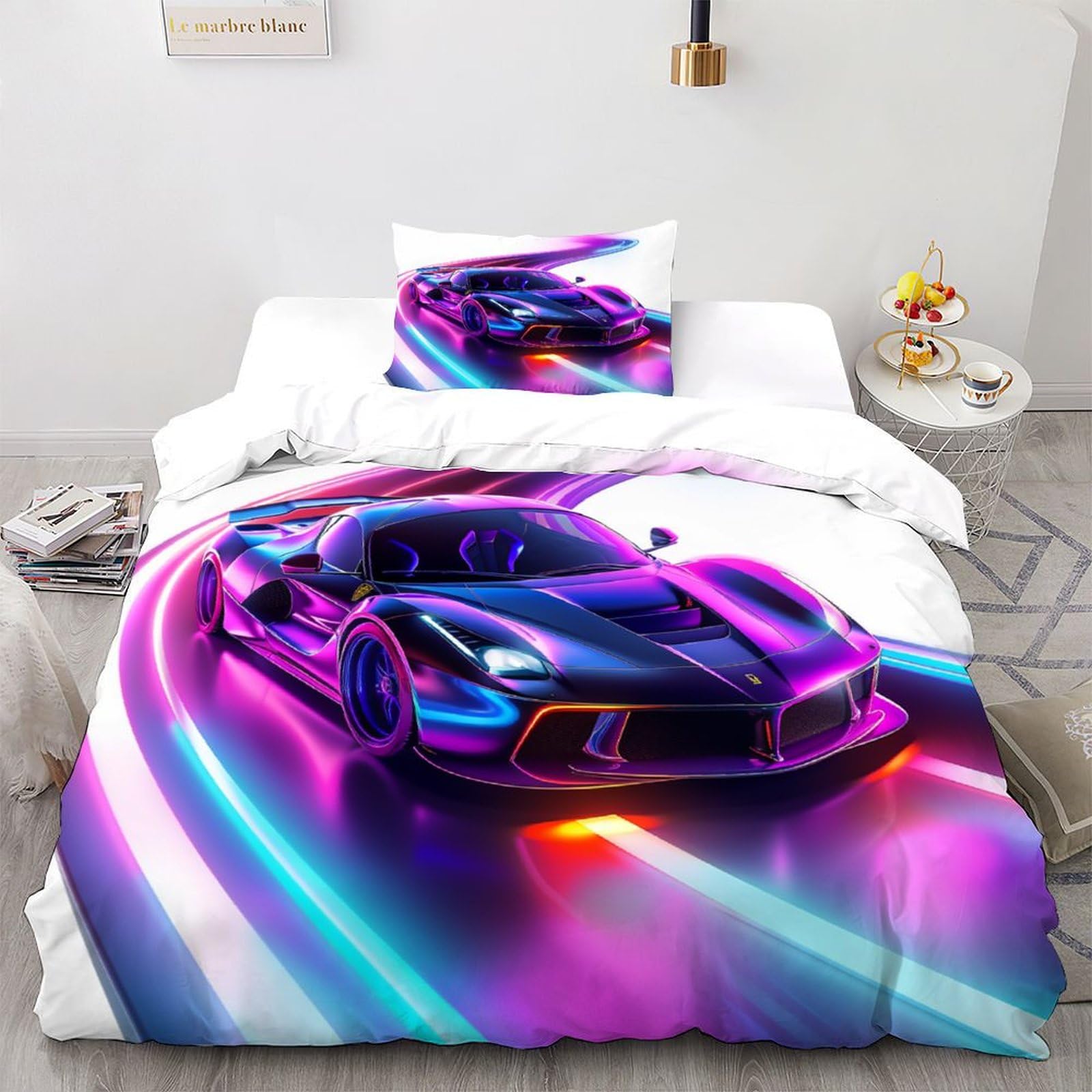 Parure de couette sports car en microfibre pour lit single avec taies d'oreiller racing
