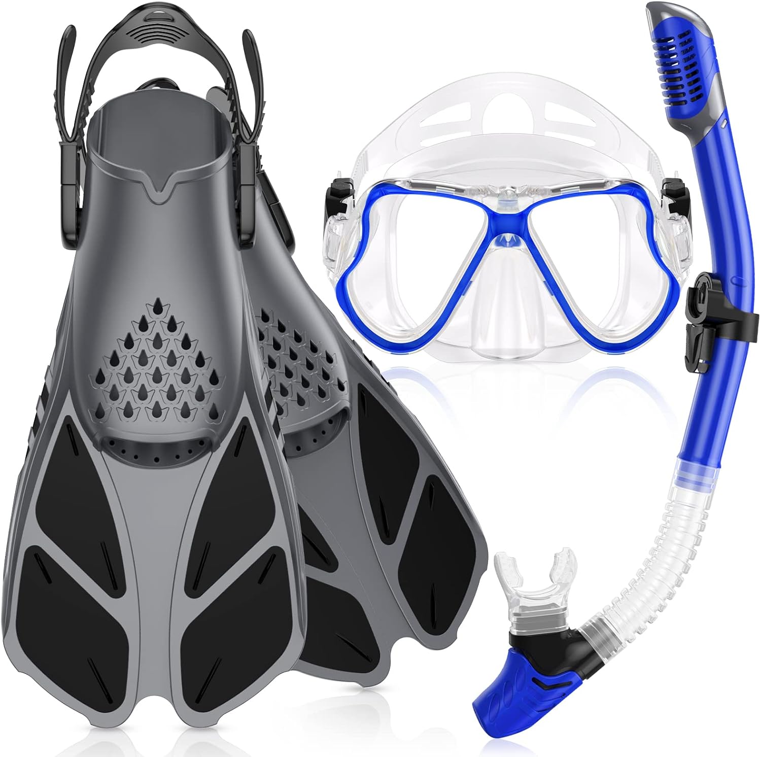 Greatever Snorkeling Gear for Adult, Mask Fins Snorkel Set Combo Ideal Gift for Swimming or Diving (Blue-Black-L)