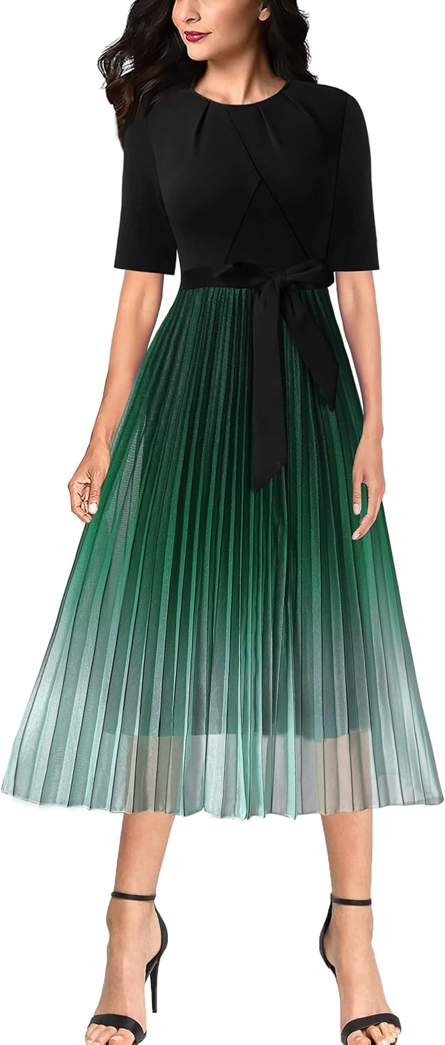 VFSHOW Womens Elegant Patchwork Belted Work Business Office Casual Party Pleated A-Line Midi Dress