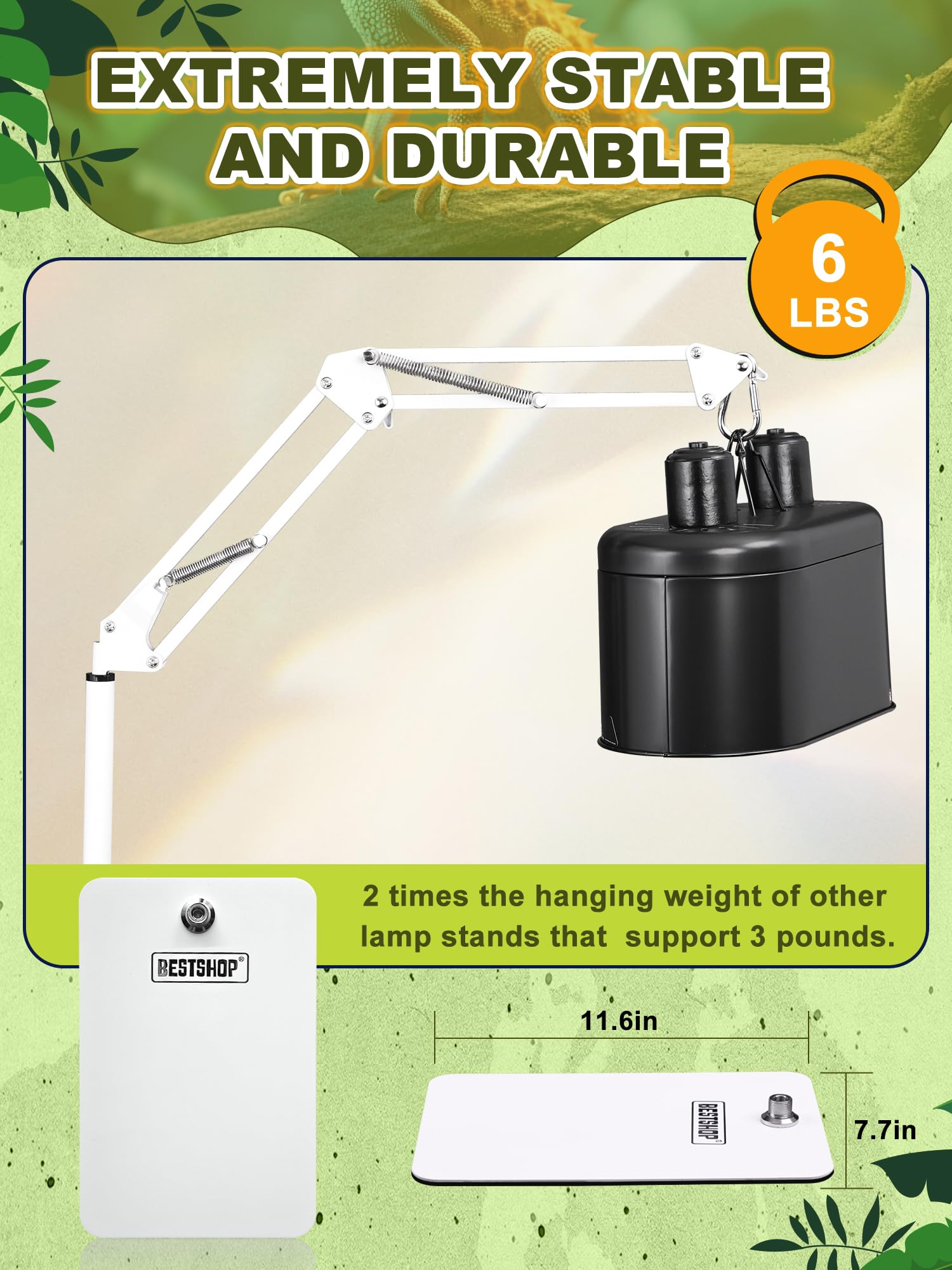 Soporte para lámpara de reptil, soporte de lámpara de calor (15.7 a 74.3 pulgadas) con brazo oscilante ajustable de 360° para terrario, soporte de lámpara de calor de reptiles para dragones
