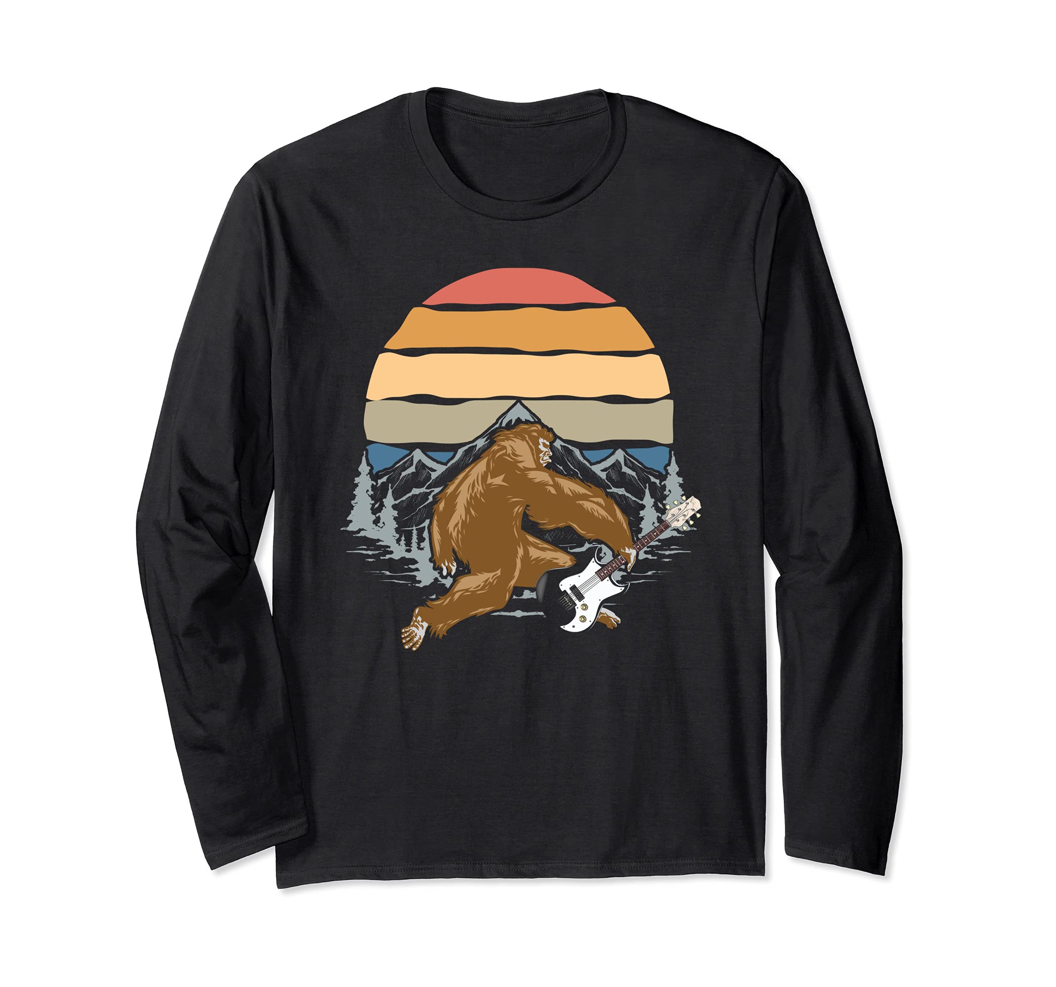 Retro Guitarist Bigfoot Sasquatch Guitar Player Funny Guitar Long Sleeve T-Shirt, Black