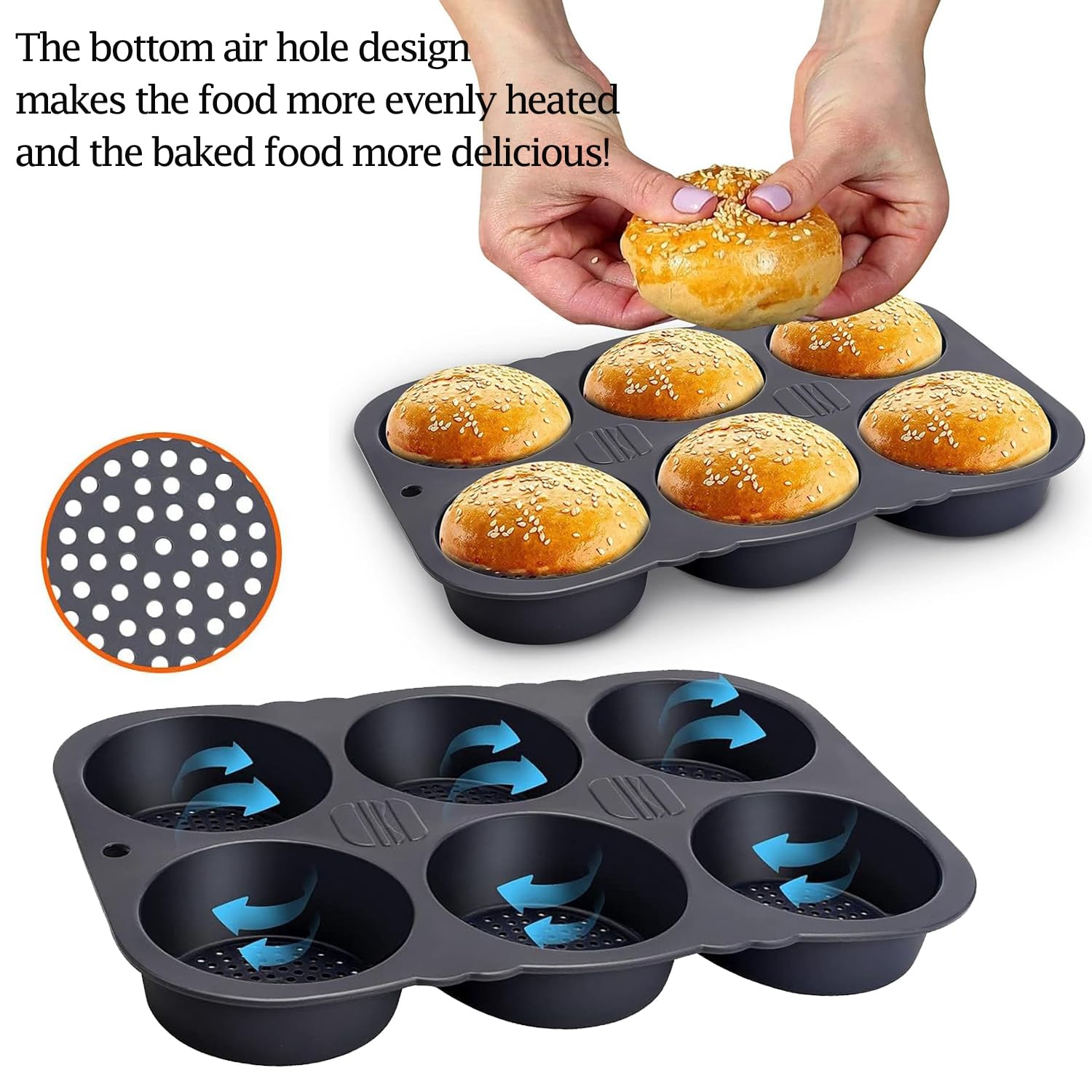 Moule à Pain Burger Silicone 6 Cavités - Pour Buns Ronds 10 Cm - Antiadhésif, Lavable Au Lave-vaisselle - Avec Pinceau - 5