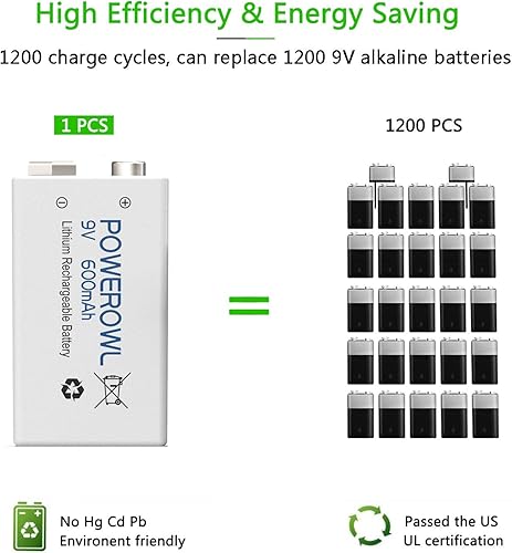 Miniatura 2 de POWEROWL Baterías recargables de 9 V 600 mAh batería de autodescarga baja de iones de litio para humo Dectector y más paquete de 4
