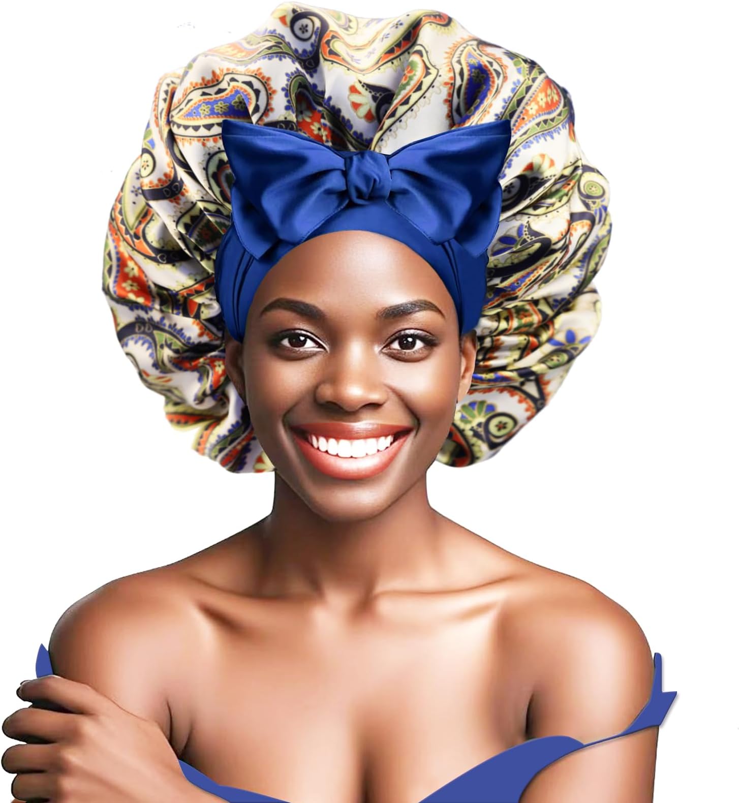 Satin Bonnet, Double-Sided Silk Bonnets for Sleeping, Night Hairs Sleep Cap with Elastic Band,Head Cover Hat for Women Girls Long, Straight, Curly Hair for Women,Print Blue