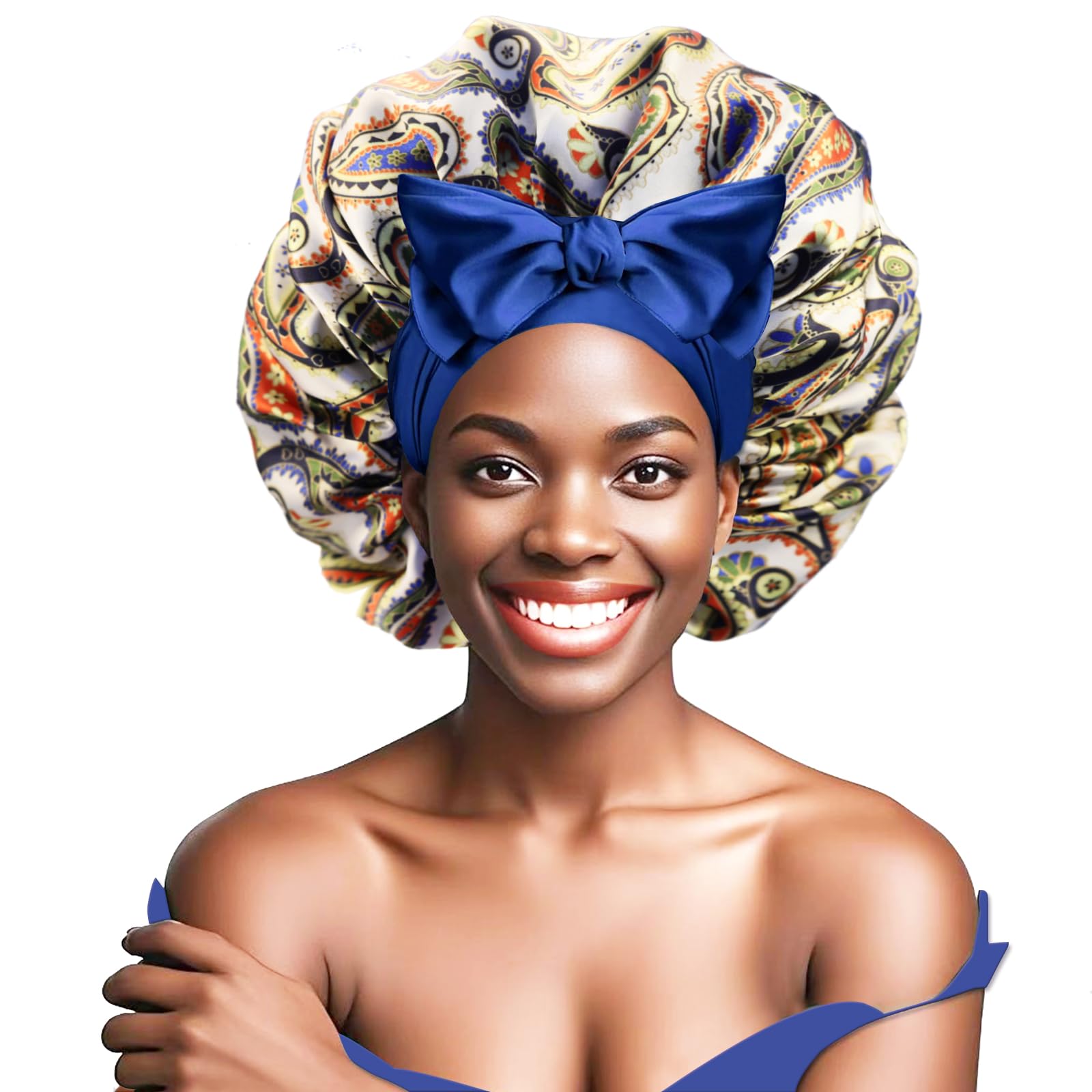 Satin Bonnet, Double-Sided Silk Bonnets for Sleeping, Night Hairs Sleep Cap with Elastic Band,Head Cover Hat for Women Girls Long, Straight, Curly Hair for Women,Print Blue