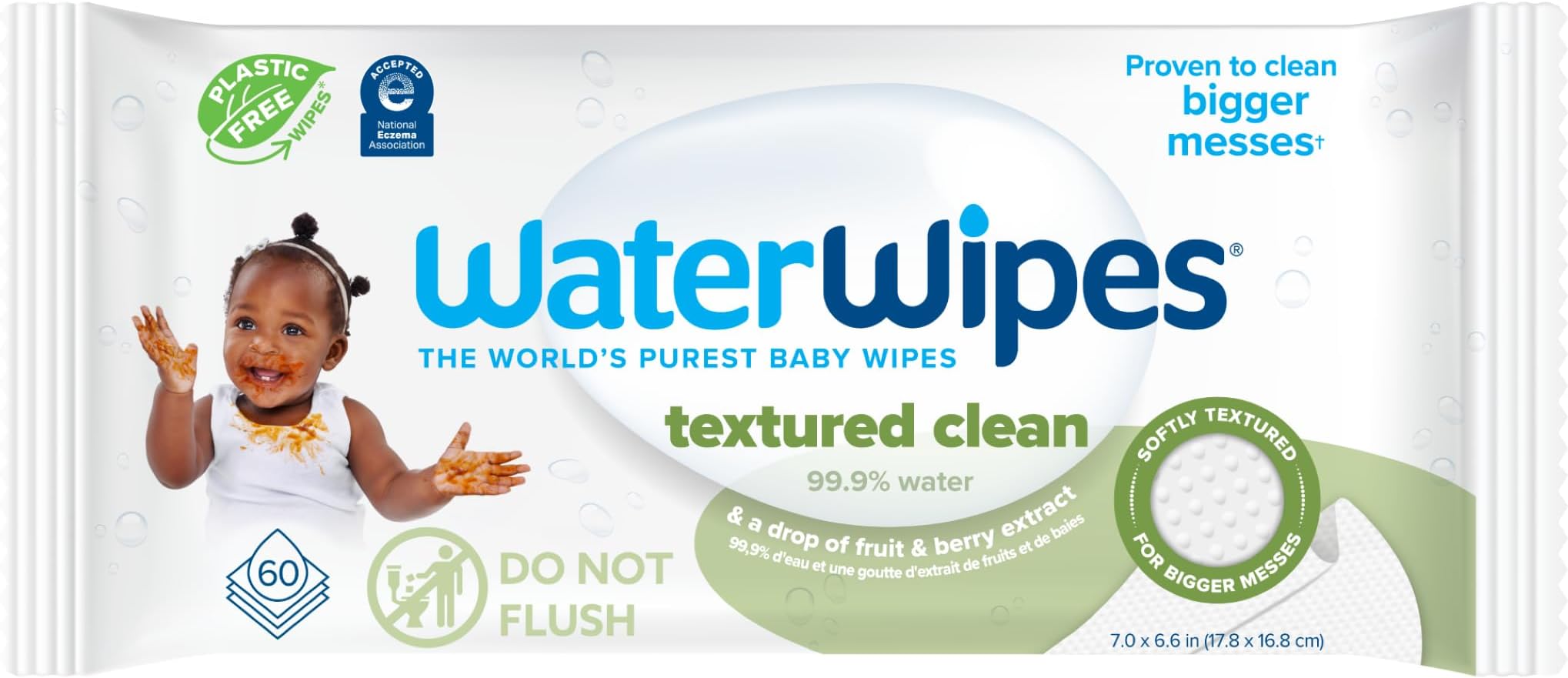WaterWipes Plastic-Free Textured Clean, Toddler & Baby Wipes, 99.9% Water Based Wipes, Unscented & Hypoallergenic for Sensitive Skin, 60 Count (1 pack)
