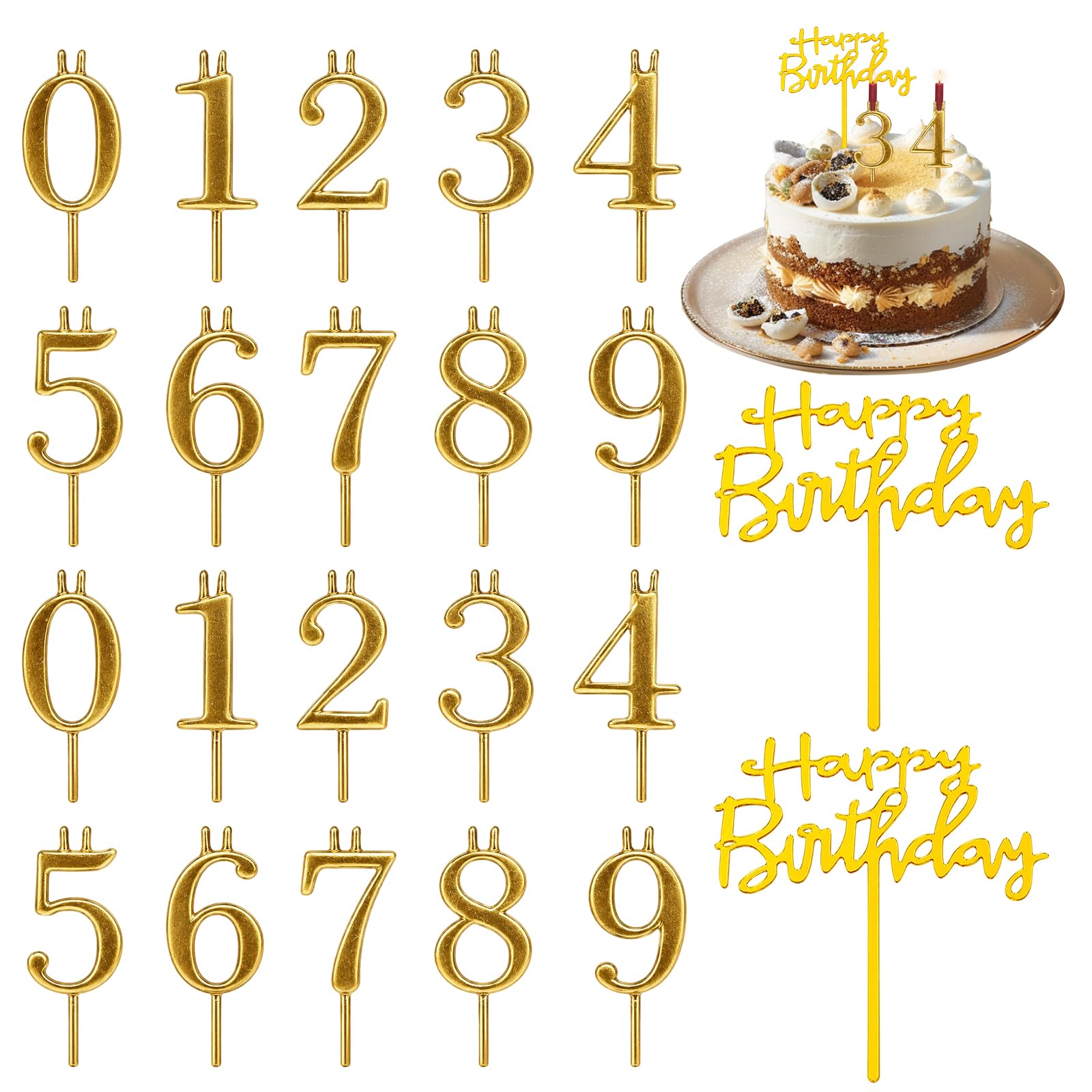 22PCS Number Candles for Parties Set, Gold Number Candles 0-9 Each Two, Birthday Candles Numbers for Ages 1-99, Birthday for Cakes