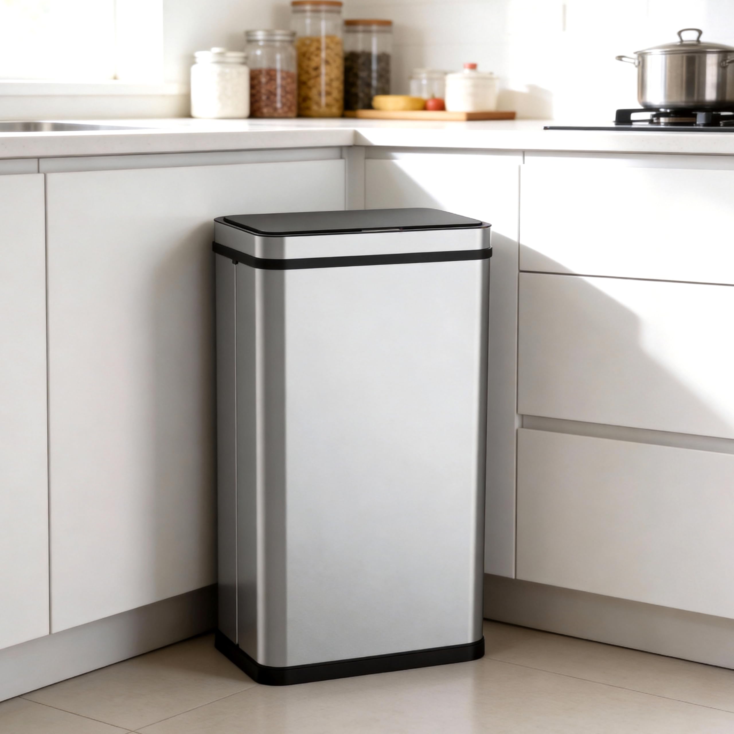 Ribelli Edelstahl Mülleimer 70 Liter - Abfalleimer mit Sensor - Automatisches Öffnen und Schließen - Küchenmülleimer mit LED-Funktionsanzeige, Silber