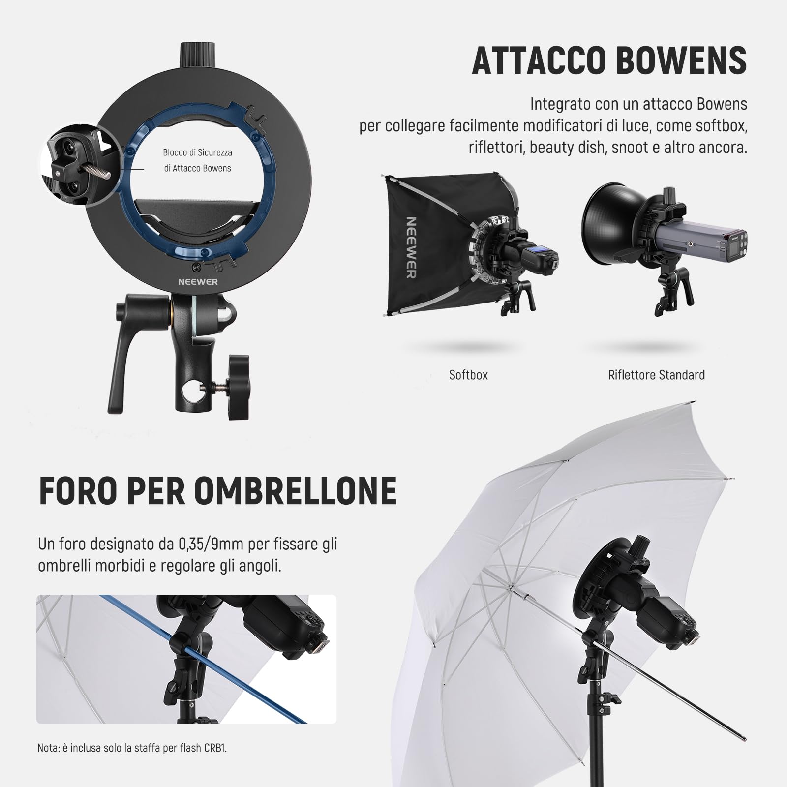 NEEWER CRB1 Supporto a Staffa Tipo S con Attacco Bowens e Foro per Ombrello per Flash Speedlite a Testa Quadrata/Rotonda Z2 Z1 Z760 NW760 NW700 TT560 Q3, Compatibile con Godox AD200Pro V1