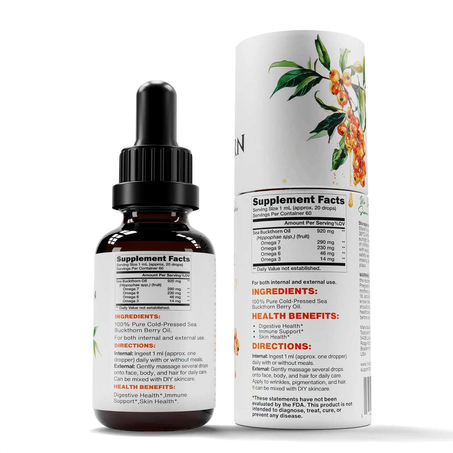 TODICAMP Sea Buckthorn Berry Oil 2 fl oz Omega 7 Vegan Omega 3 6 9 Sea Buckthorn Oil for Face, Skin, Eyes & Postemonapuse Dryness