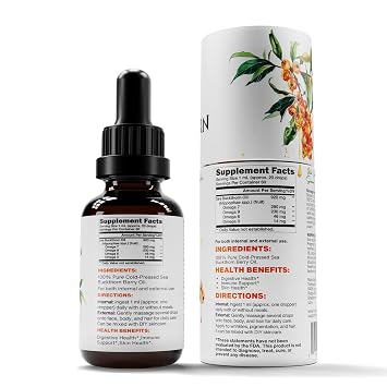 TODICAMP Sea Buckthorn Berry Oil 2 fl oz Omega 7 Vegan Omega 3 6 9 Sea Buckthorn Oil for Face, Skin, Eyes & Postemonapuse Dryness