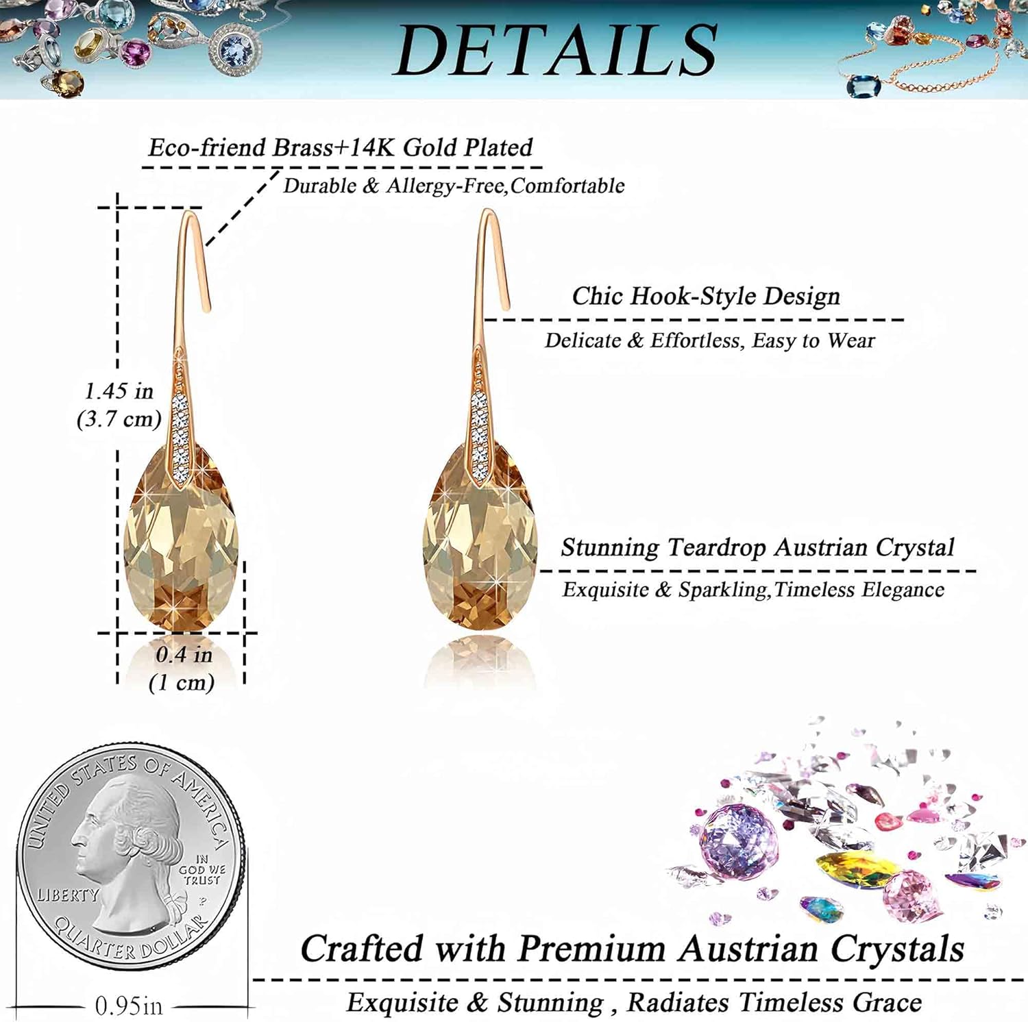Austrian Crystal Teardrop Dangle Earrings for Women Drop Hook Earring 14K Rose Gold Plated Hypoallergenic Jewelry - Image 4
