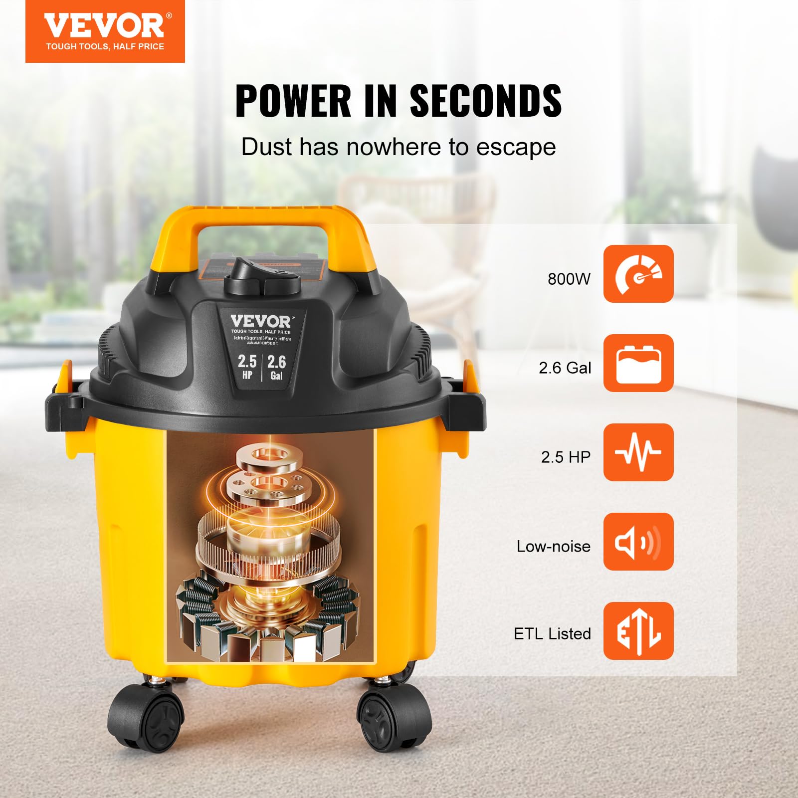 VEVOR Aspiradora en Seco y Húmedo 10 L Aspiradora Portátil Liviana para Taller en Seco y Húmedo 2,5 HP Soplado Eficiente con Boquilla, Ruedas, para Alfombras, Escombros, Pelo de Mascotas, Amarillo