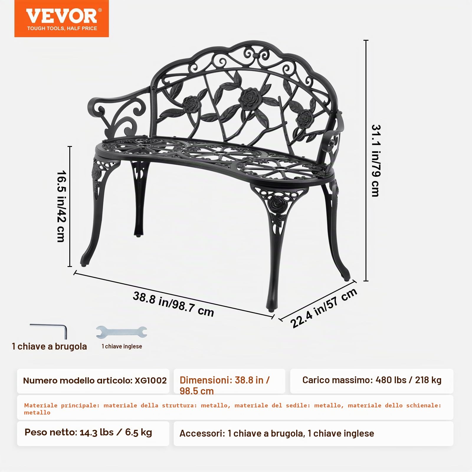 VEVOR Panchina da Esterno da 57 x 98,7 x 79 cm Panchina da Giardino in Metallo per Esterni, Capacità di Carico di 218 kg Panchina da Giardino con Schienale, Braccioli, per Parco, Cortile, Portico