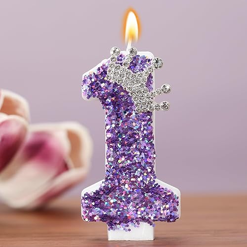 Miniatura 2 de Velas de cumpleaños con número 1, corona morada para tartas, decoración de pastel número 1 con lentejuelas para suministros de celebración de