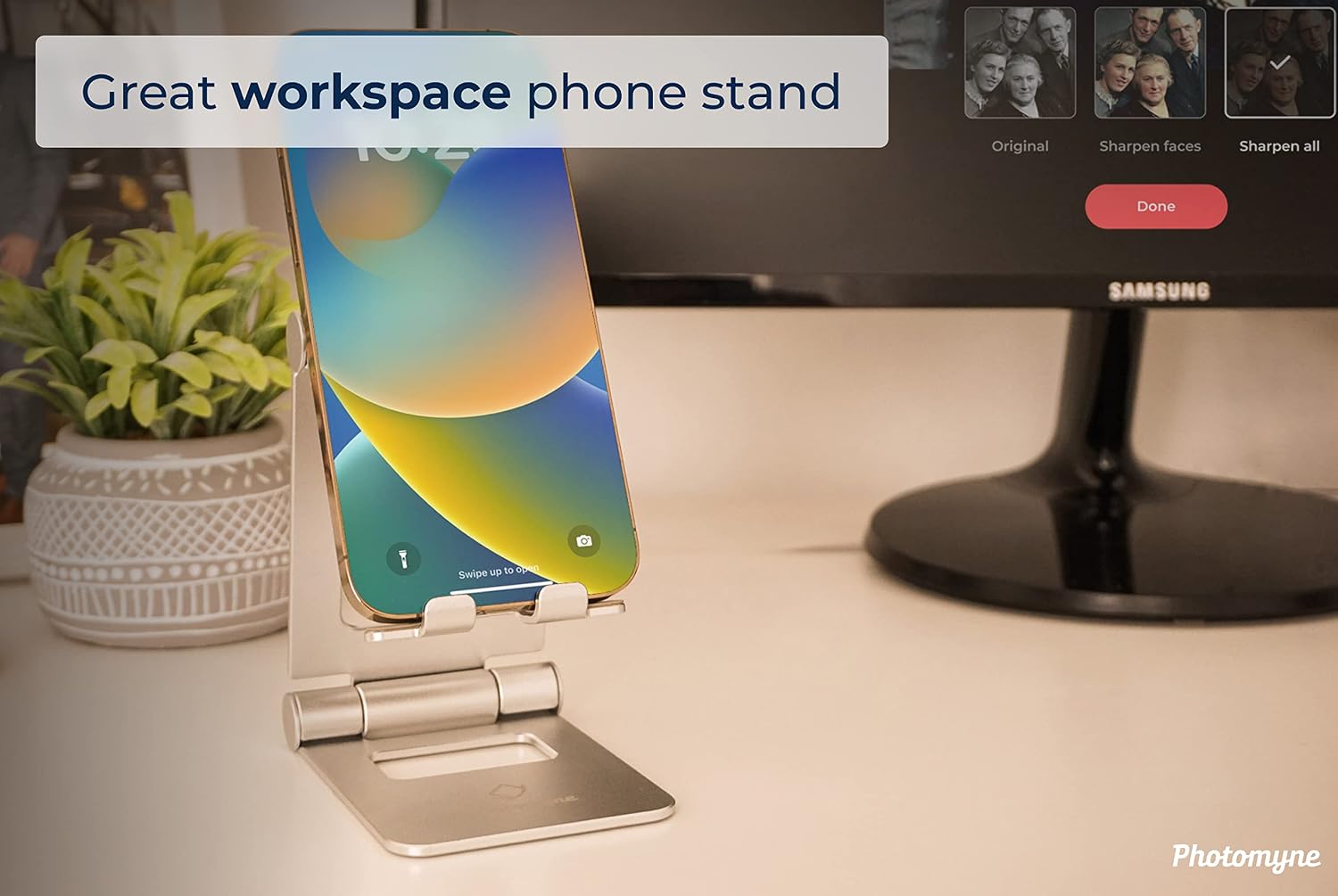 PHOTOMYNE Large Cell Phone Stand for Desk | Phone Dock & Phone Holder for All iOS and Android Smartphones (Gold)