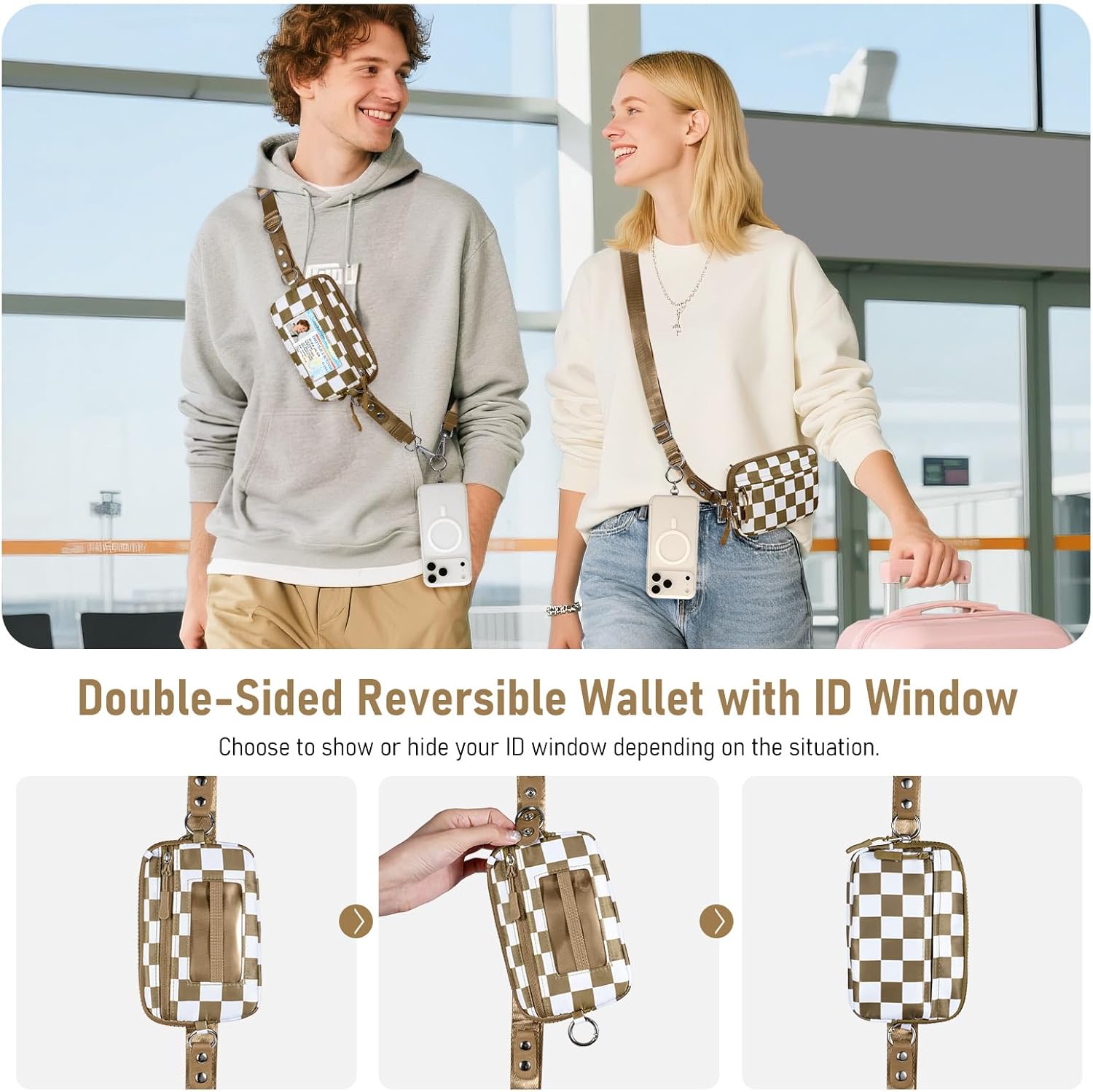 Clip and Go Strap for Phone with Wallet Crossbody Phone Lanyard and Detachable Checkered Bag with ID Window and RFID Pouch for Daily Travel. - Image 5
