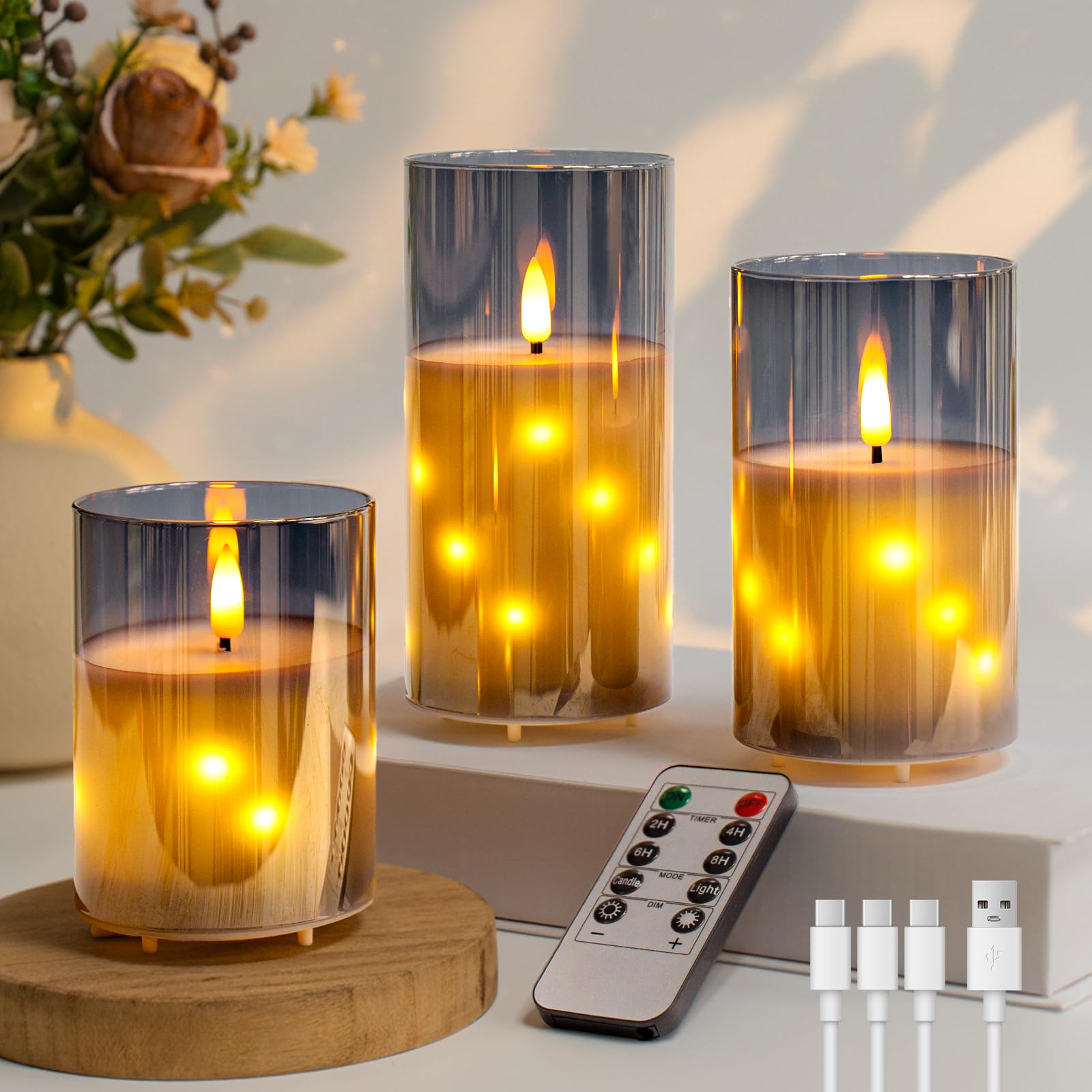 Velas recargables de cristal gris sin llama con mando a distancia y temporizador, velas LED de mecha 3D, luces de hadas incrustadas, cera real, paquete de 3 unidades para decoración del hogar
