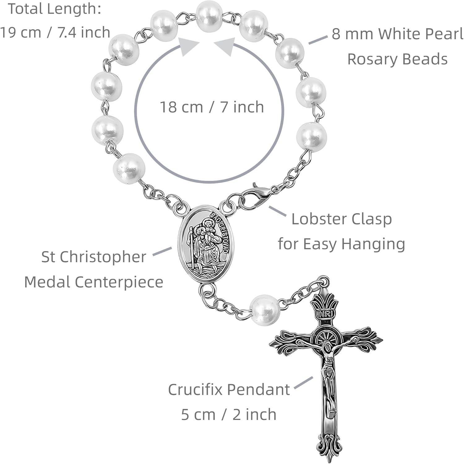 Saint Christopher Medal Car Rosary for Rearview Mirror White Pearl Glass Beads Catholic One Decade Auto Rosary for Women Men Religious Gift - Image 2