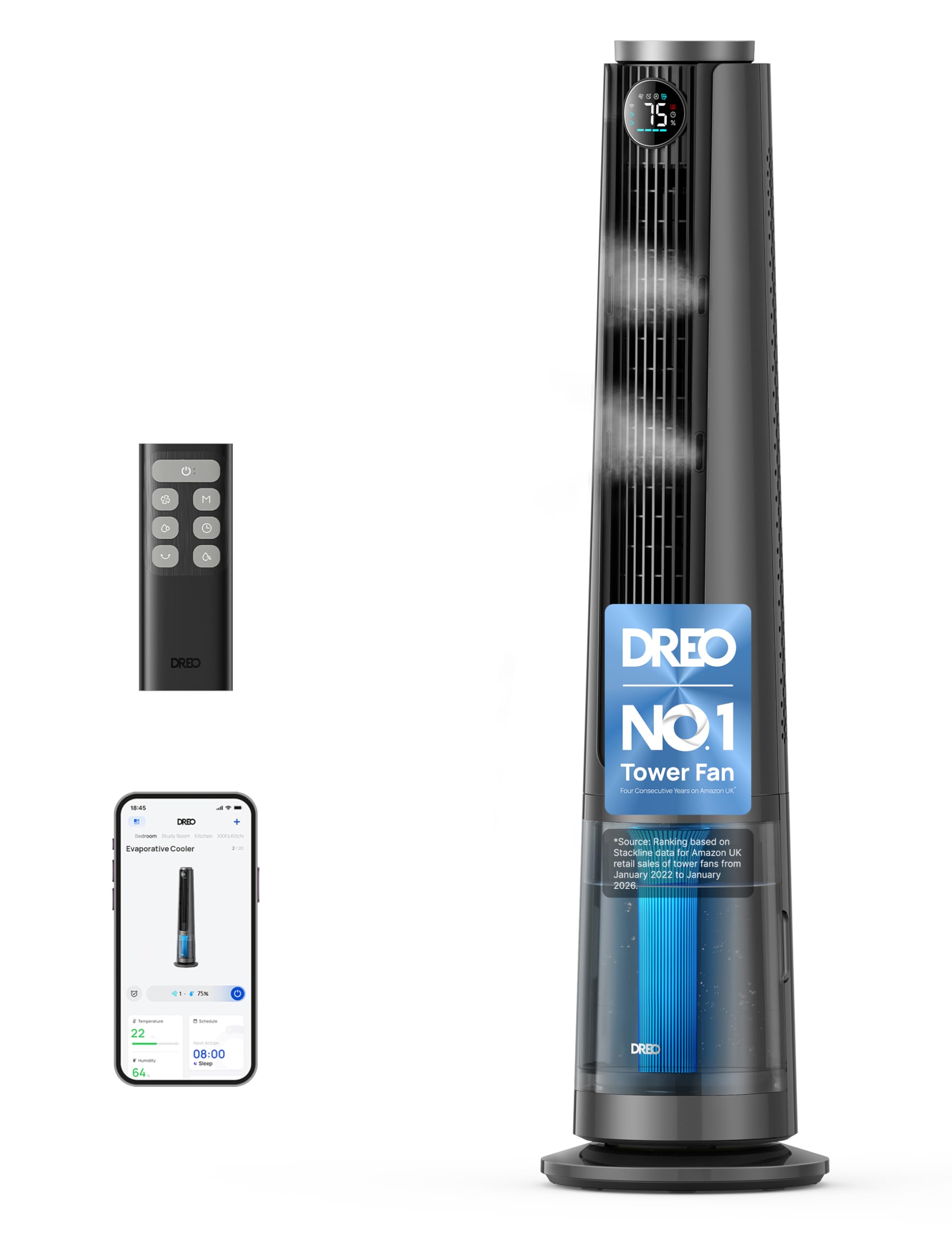DREO TurboCool Misting Fan 765S, 3-in 1 Ultrasonic Misting Fans that Blow Cold Air with 6L Tank, 10 m/s Cooling Fan for Bedroom, 20dB Quiet DC Motor, 90° Standing Fan with 12 Speeds, 4 Modes, Grey