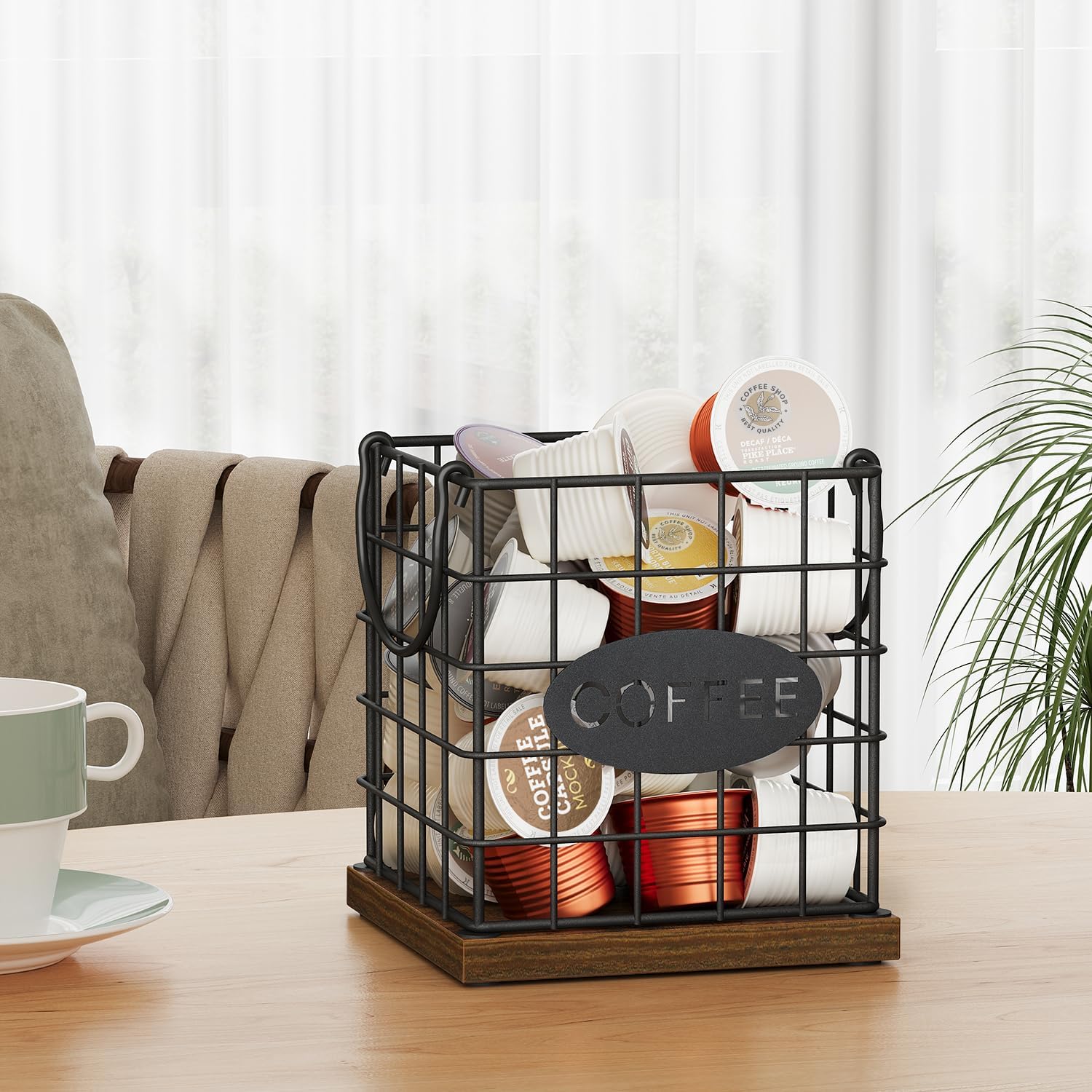 YINMIT K Cup Holder Organizer, Rustic Coffee Pod Holder Organizer, 35 Kcup Holder for Counter with Handle，Large Capacity Black Wire Coffee Capsule Basket for Kitchen Office Desktop (Square Grid) image 2