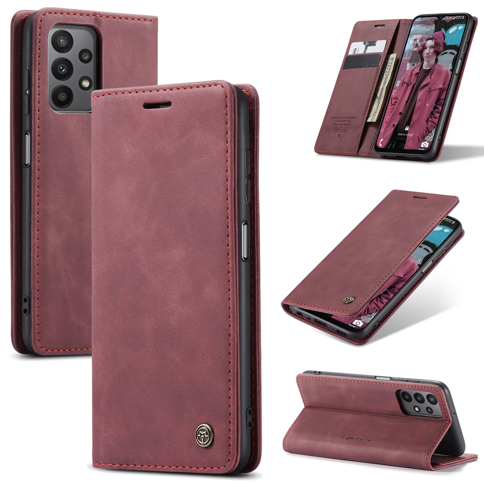 Azororo Cover per Samsung Galaxy A23 5G/4G, Premium PU Pelle Custodia, Magnetica Carta Fessura Portafoglio Case, Flip Cavalletto Custodia per Samsung Galaxy A23- Vino Rosso