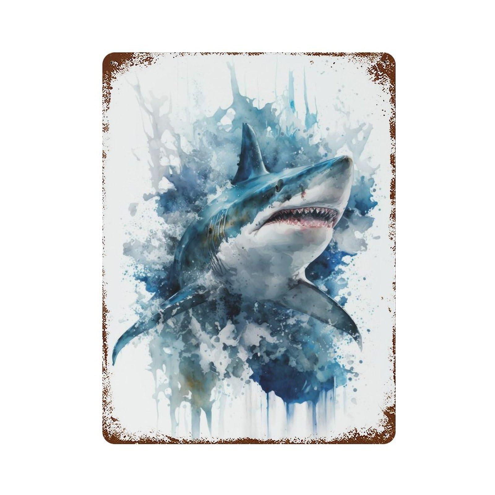 Shark Frenzy in Watercolor 15.7"x11.8" Aged Metal Wall Plaque, Novelty Wall Decor for Garage, Bar And Workshop Decor