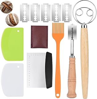 Danish Dough with Sourdough Scoring Tool-Bread Whisk Set of 6 Pieces-Dough Hook,Dutch Whisk,Bread Lame,Bench Scraper & Pastry Brush Bread Making Tools and Baking Supplies
