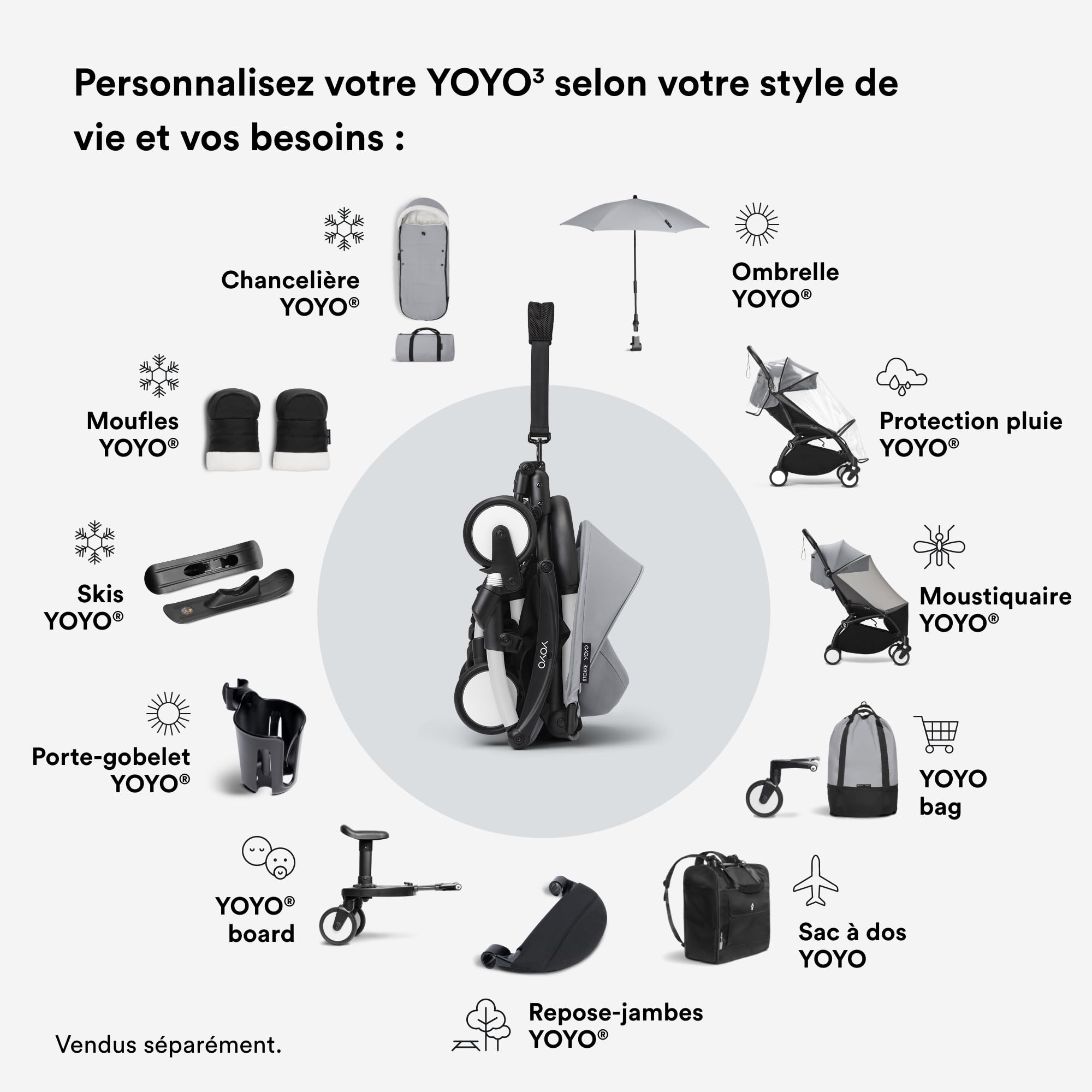 Poussette Stokke YOYO3 avec pack nouveau-né et pack couleur 6+ - Comprend un cadre blanc, un pack couleur YOYO 6+ (Stone) et un pack nouveau-né 0+ (Stone)