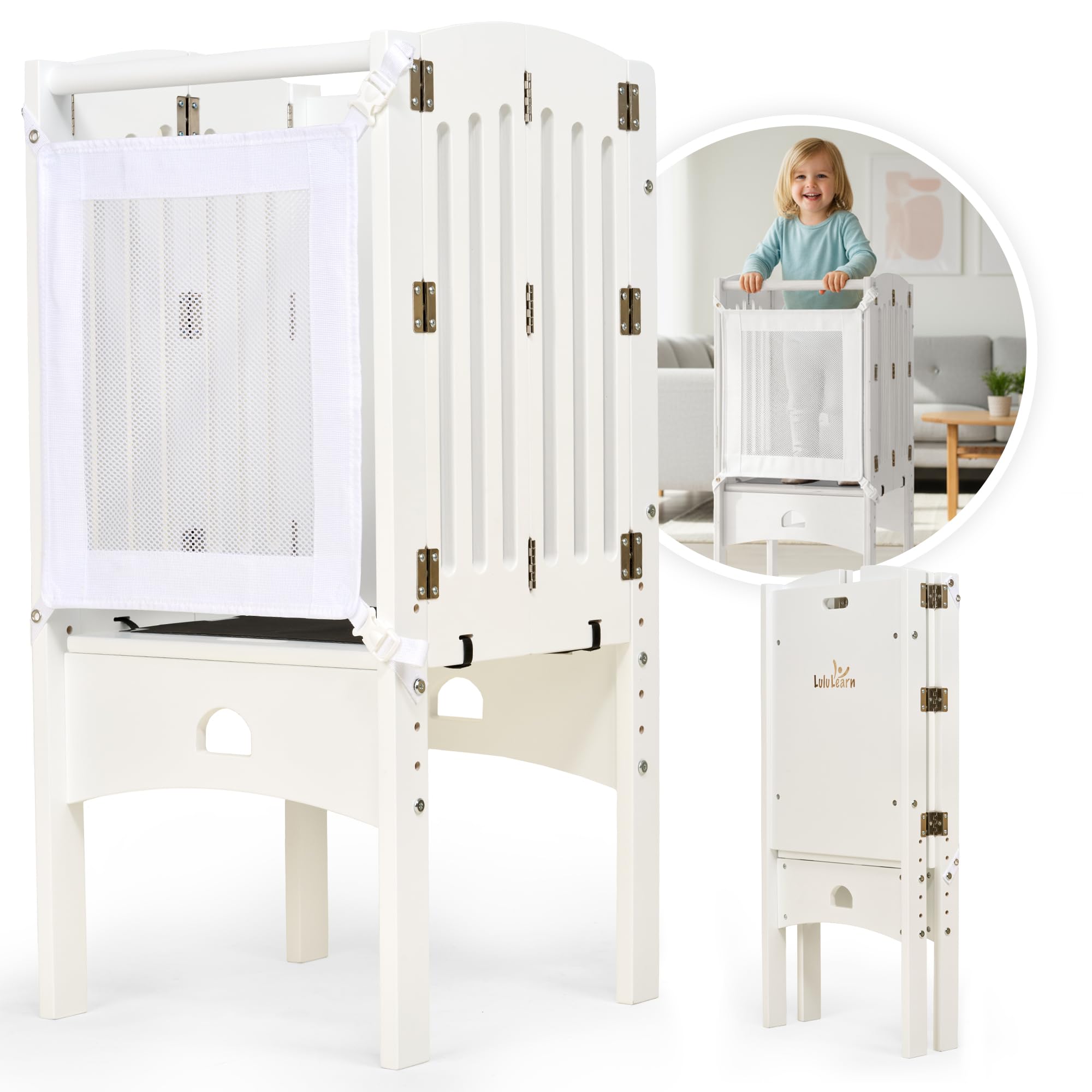 Lululearn® Lernturm ab 1 Jahr [FALTBAR] – Montessori Learning Tower, vormontiert, höhenverstellbar & extra sicher | Platzsparender Tritthocker für Küche & Alltag (Weiß)