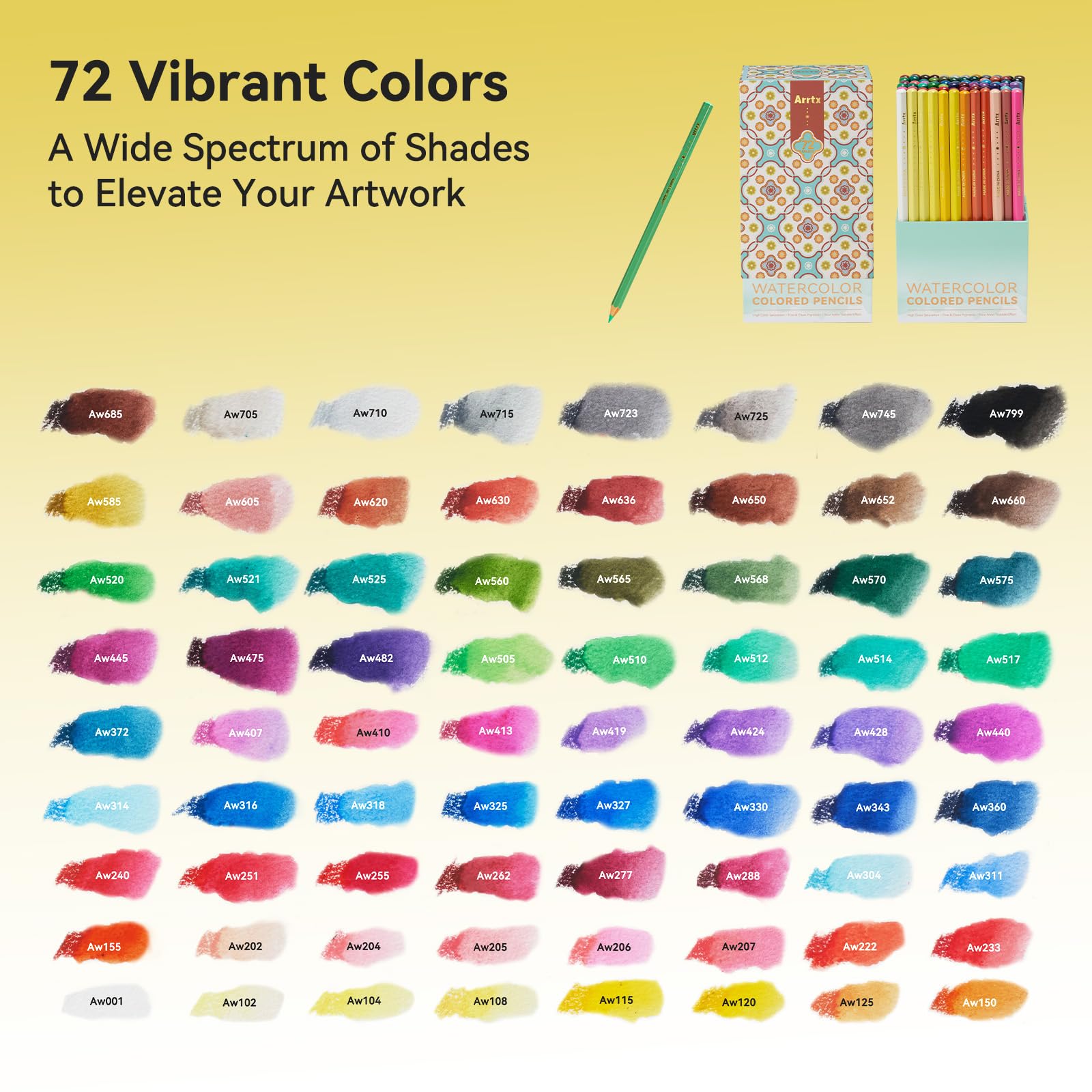 Arrtx 72 Watercolour Pencils Set with Nylon Brush, Water-Soluble Pencils for Adults Artists & Beginner, Quality Cores, Vivid Colours, For Mixing, Drawing and Sketching, Art Folding Travel Case