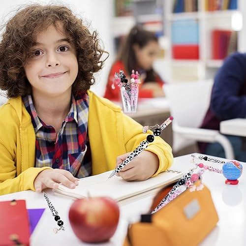 Miniatura 7 de Whaline Juego de 20 bolígrafos de plástico con estampado de vaca, cuentas de madera surtidas, cuentas redondas, bolígrafo de tinta negra con 10