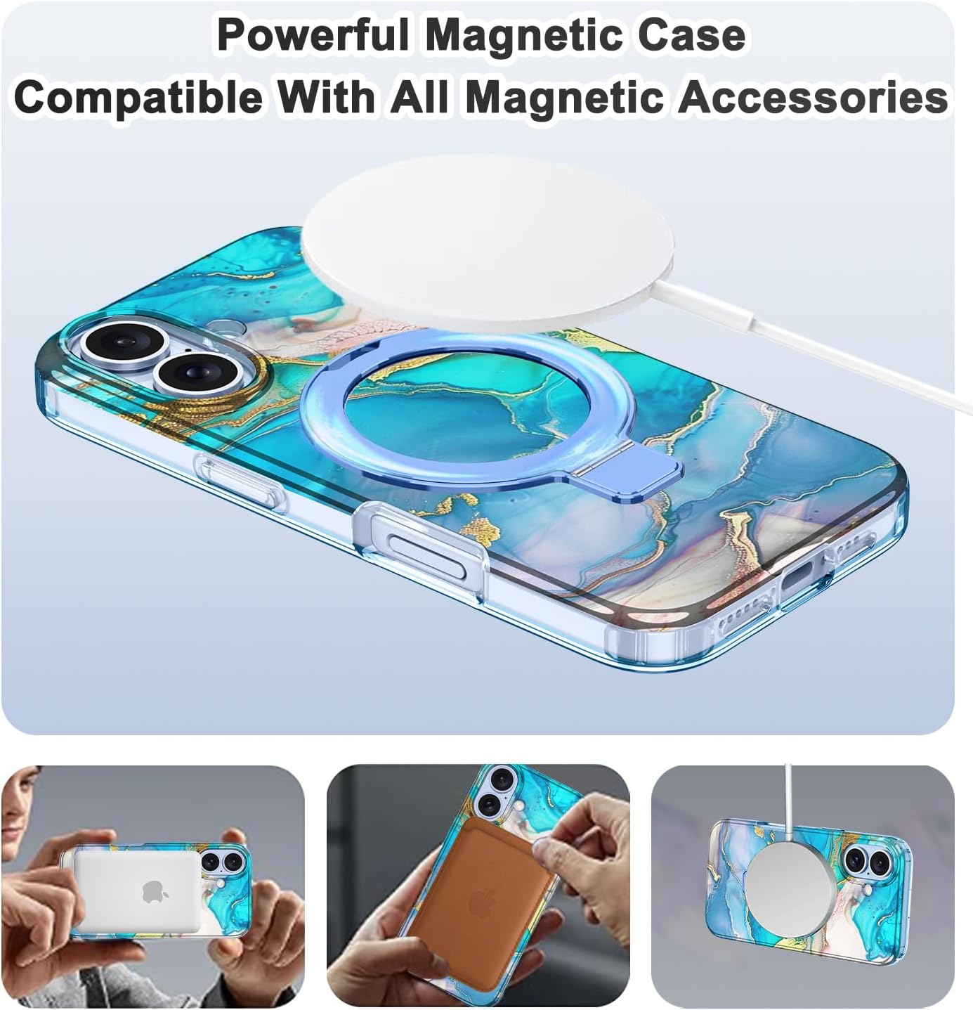 Lamcase for iPhone 17 Case with Magnetic Invisible Ring Stand [Compatible with MagSafe], Full Body Rugged Slim Women Men Girl Shockproof Marble Pattern Design Case, Light Blue - Image 2