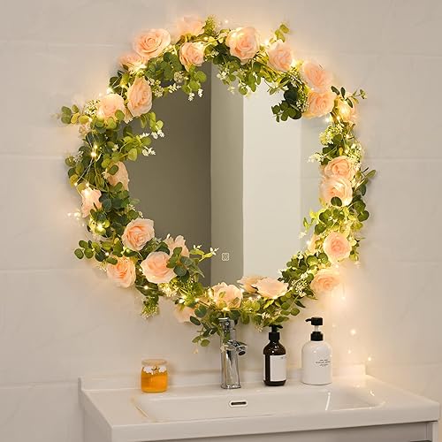 Miniatura 6 de MARTINE MALL 2 guirnaldas de eucalipto artificial de 13 pies con flores, guirnalda de flores de vid con cadena de luces de 13.1 pies, guirnalda de