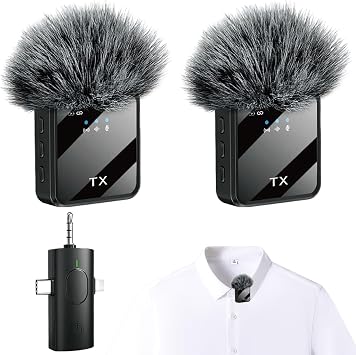 Wireless Microphones, 3 IN 1 Lavalier Microphone with Noise Cancellation 3.5 mm Microphone 2 Pack Mini LED Display Mic for Interview, ASMR, Video and Podcasting.