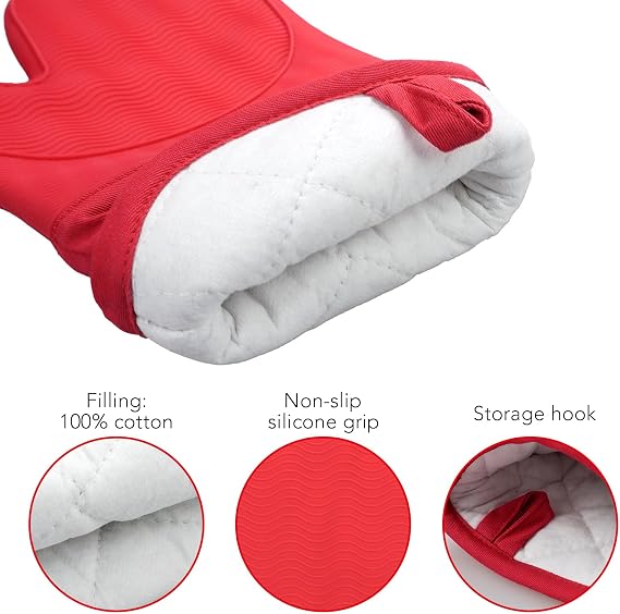 Signature Silicone Oven Mitts Set of 2, Heat Resistant Oven Gloves with Quilted Liner Non-Slip Textured Grip Perfect for BBQ, Baking and Grilling. (RED)