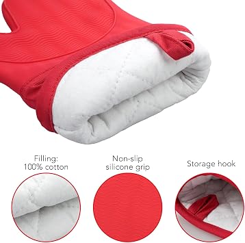 Signature Silicone Oven Mitts Set of 2, Heat Resistant Oven Gloves with Quilted Liner Non-Slip Textured Grip Perfect for BBQ, Baking and Grilling. (RED)