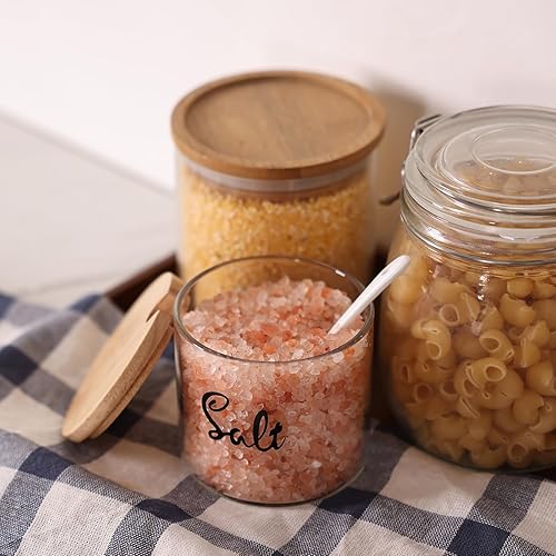 Miniatura 5 de Recipiente de sal de vidrio transparente con cuchara para servir y tapa de bambú, recipientes para encimera de cocina de granja, soporte dispensador