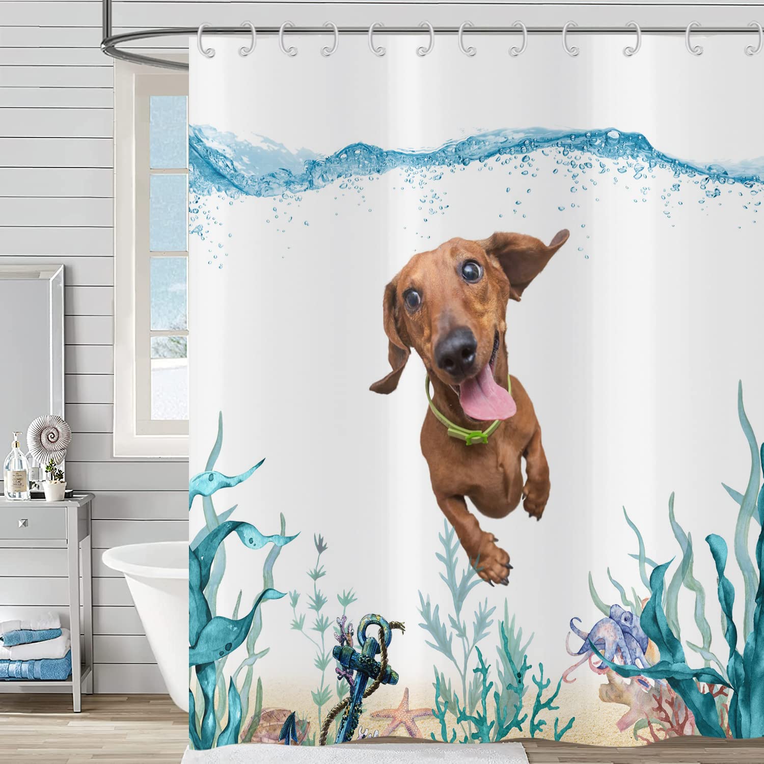 Hnmdmyi Funny Shower Curtain 90x180, Cute Dog Swimming in Teal Blue Ocean Kids Shower Curtains Underwater Coral Anchor Nautical Bathroom Curtains Waterproof Polyester Fabric Washable Bath Curtains